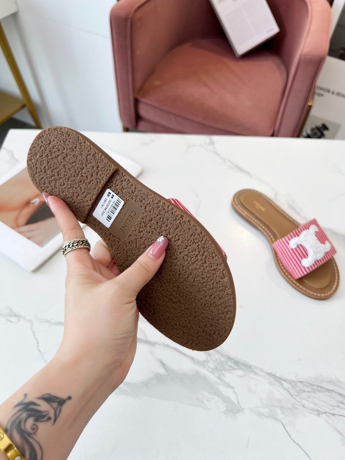 Celine Celine 25C Slippers Red mix White Fabric with Calfskin 238167