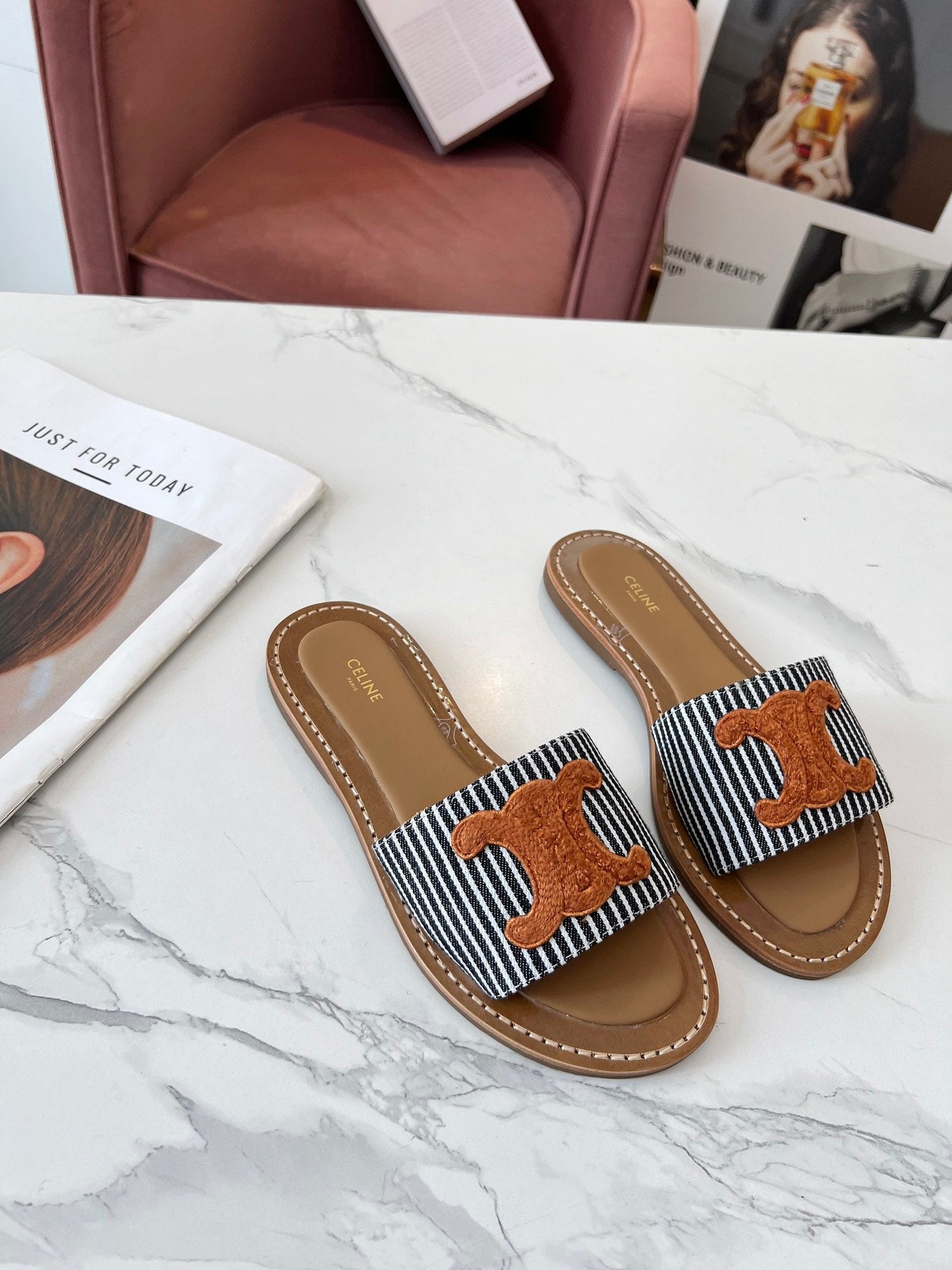 Celine Celine 25C Slippers Black mix Orange Fabric with Calfskin 238170