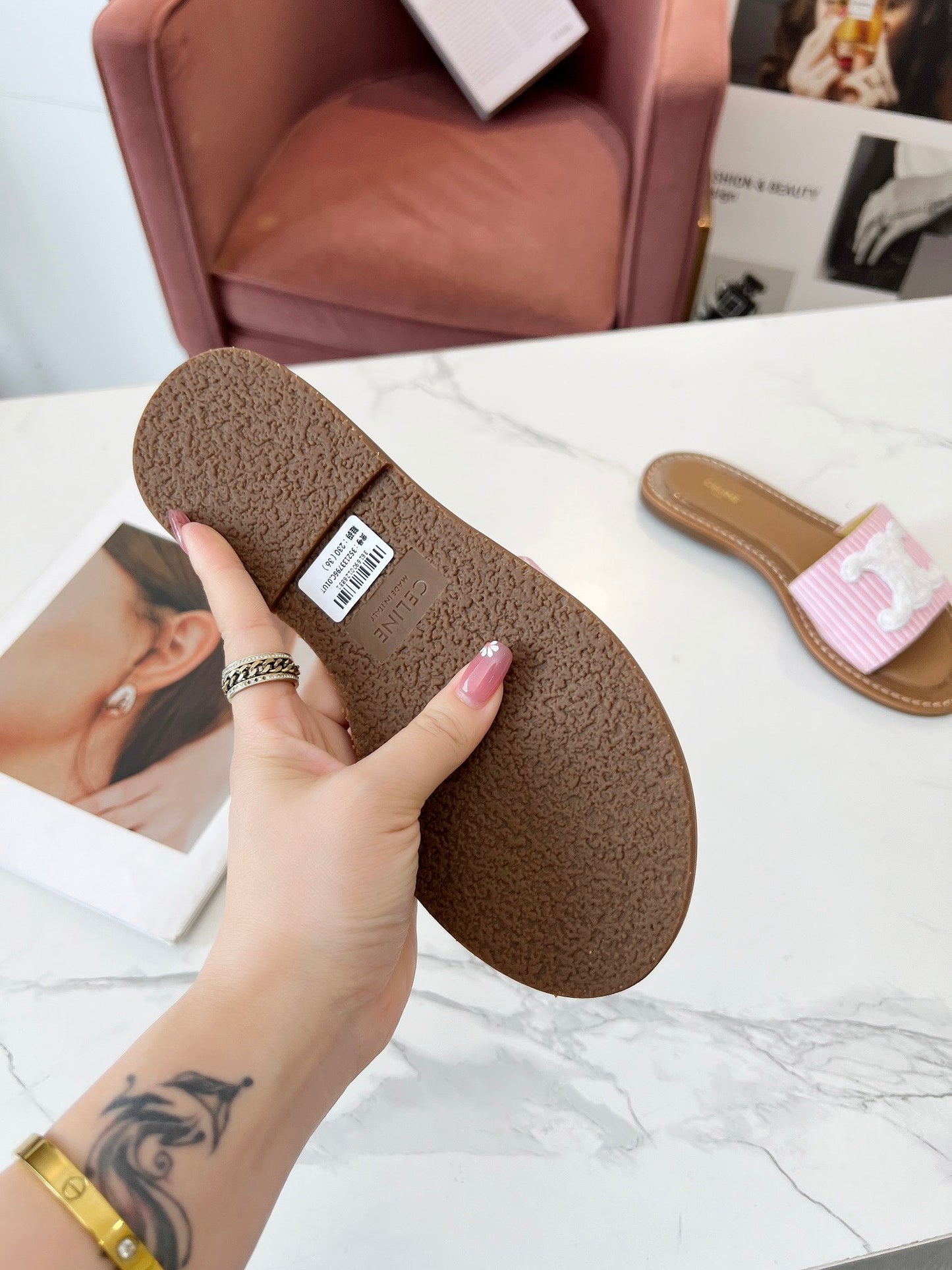 Celine Celine 25C Slippers Pink mix White Fabric with Calfskin 238164