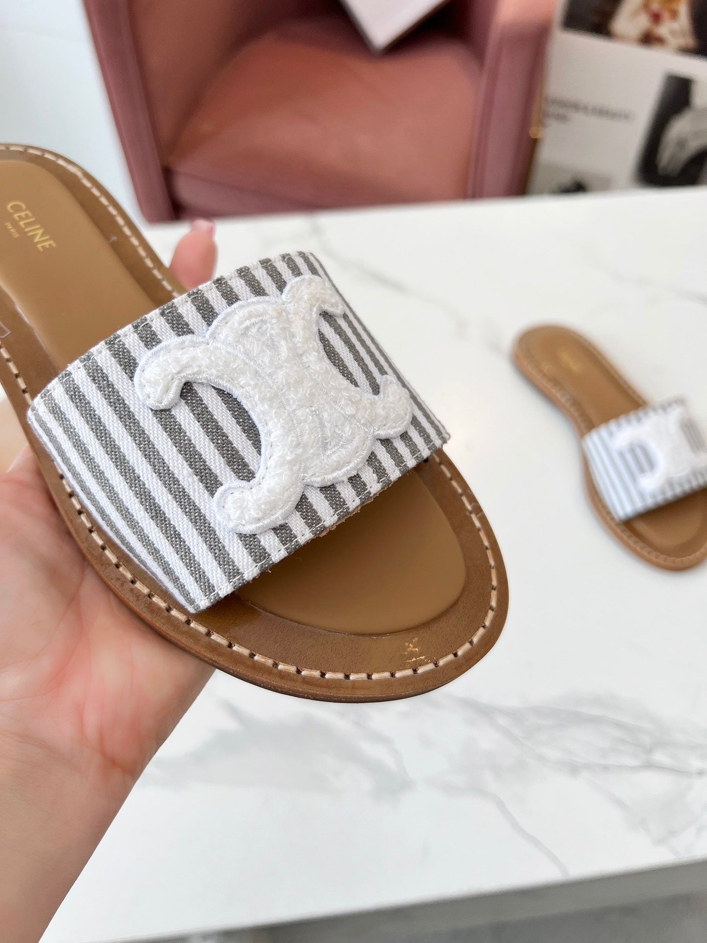 Celine Celine 25C Slippers Gray mix White Fabric with Calfskin 238171
