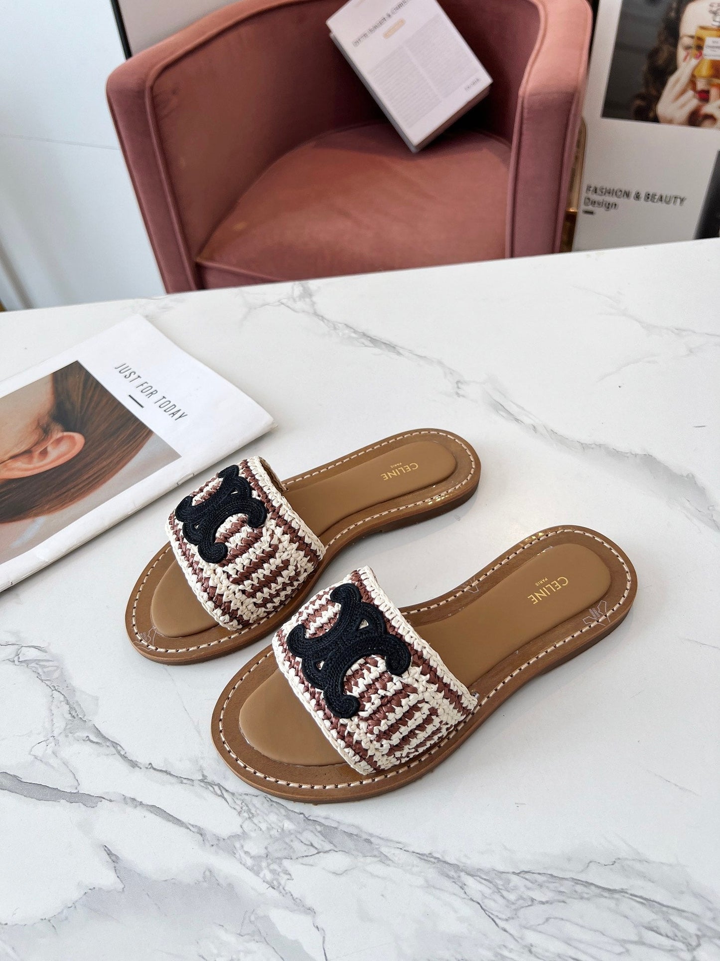 Celine Celine 25C Slippers Beige mix Black Fabric with Calfskin 238158