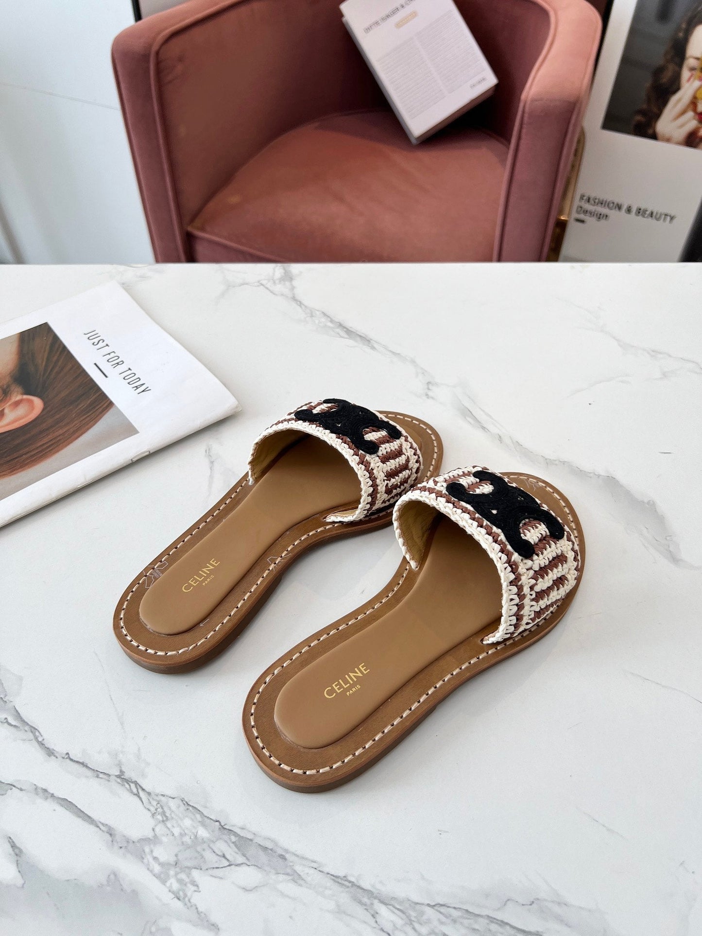 Celine Celine 25C Slippers Beige mix Black Fabric with Calfskin 238158