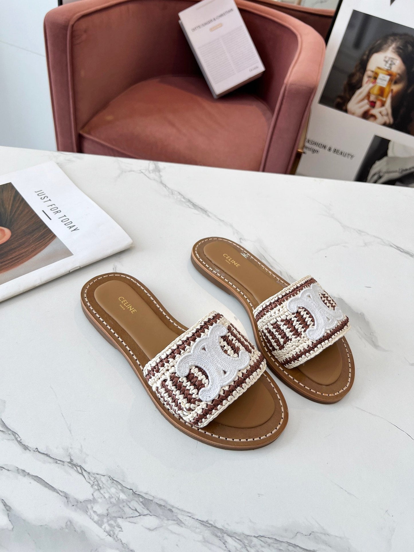 Celine Celine 25C Slippers Beige mix Brown Fabric with Calfskin 238160