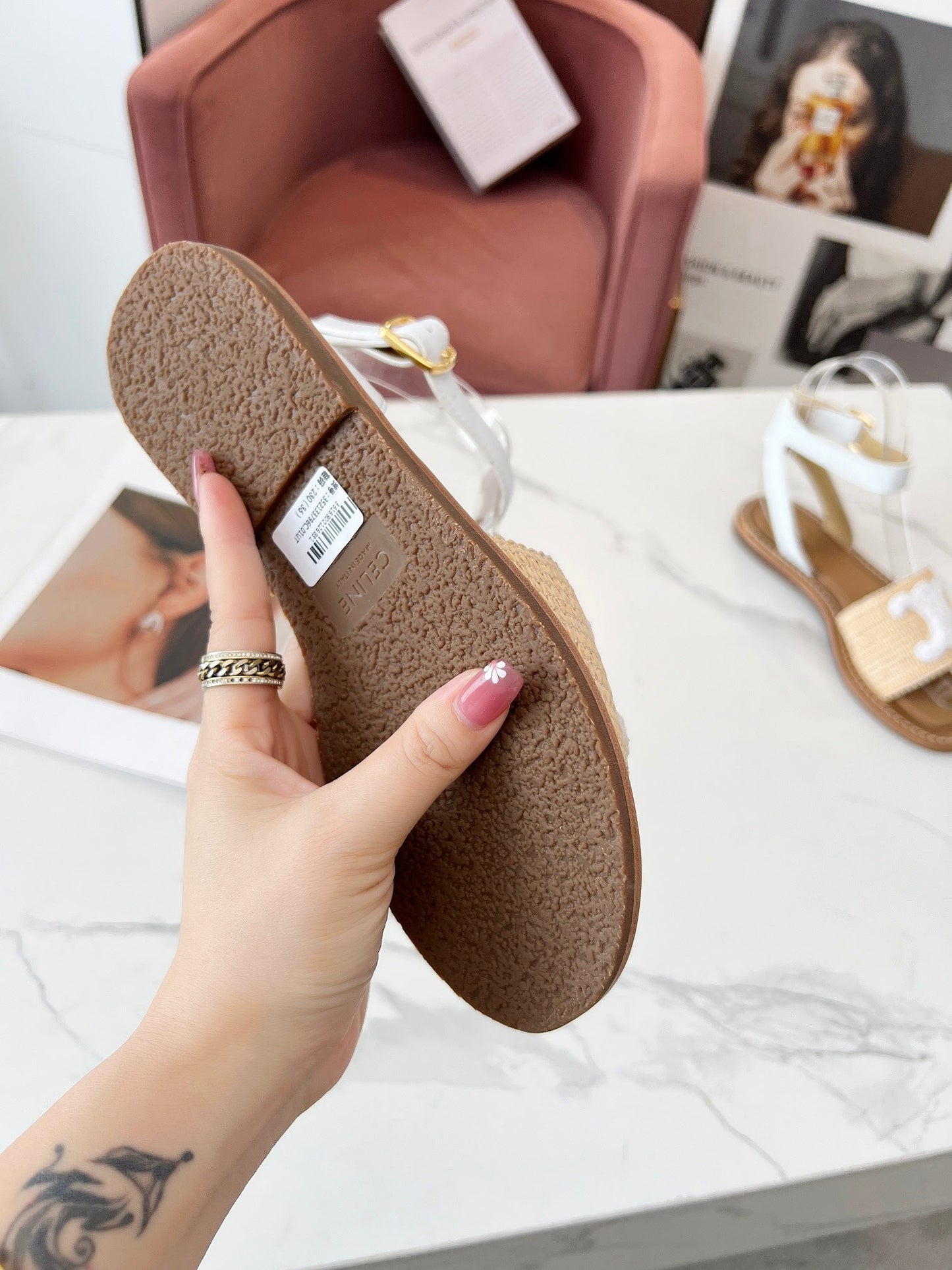 Celine Celine 25C Lympia Sandal Beige mix White Fabric with Calfskin 238161