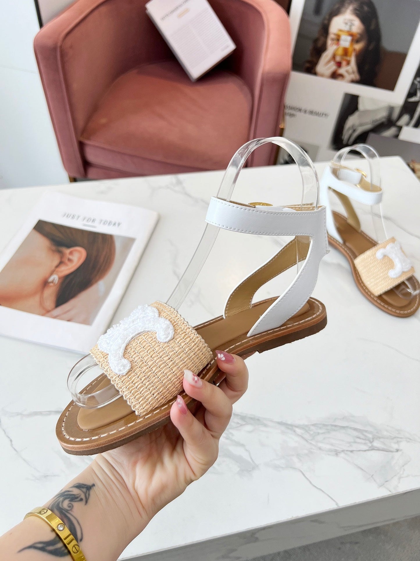 Celine Celine 25C Lympia Sandal Beige mix White Fabric with Calfskin 238161