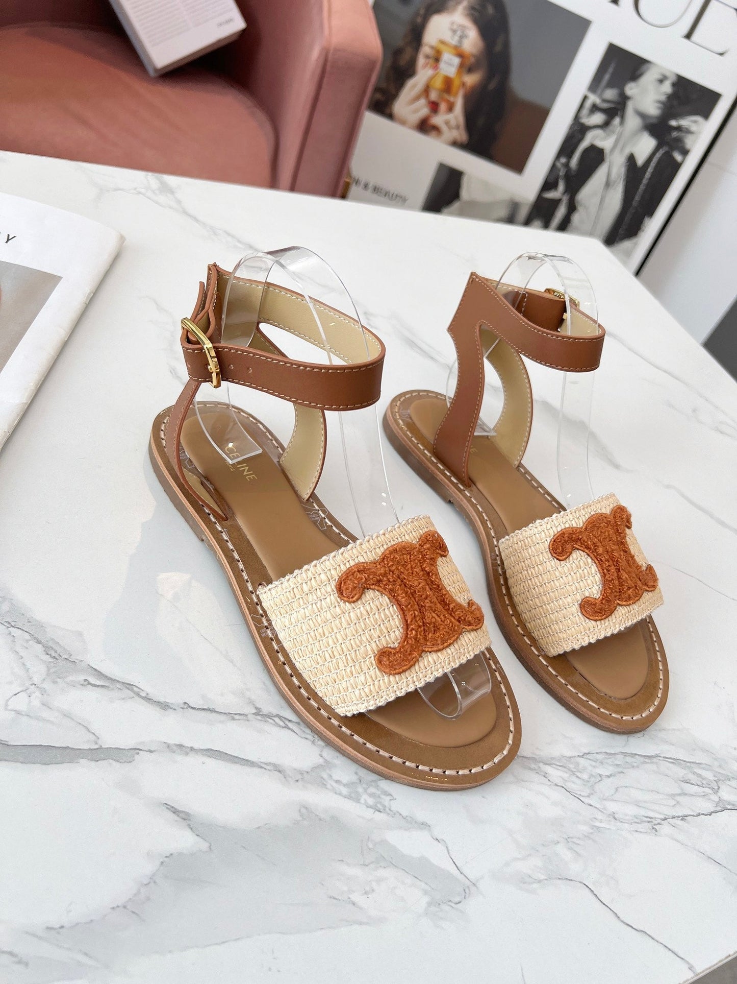 Celine Celine 25C Lympia Sandal Beige mix Brown Fabric with Calfskin 238162