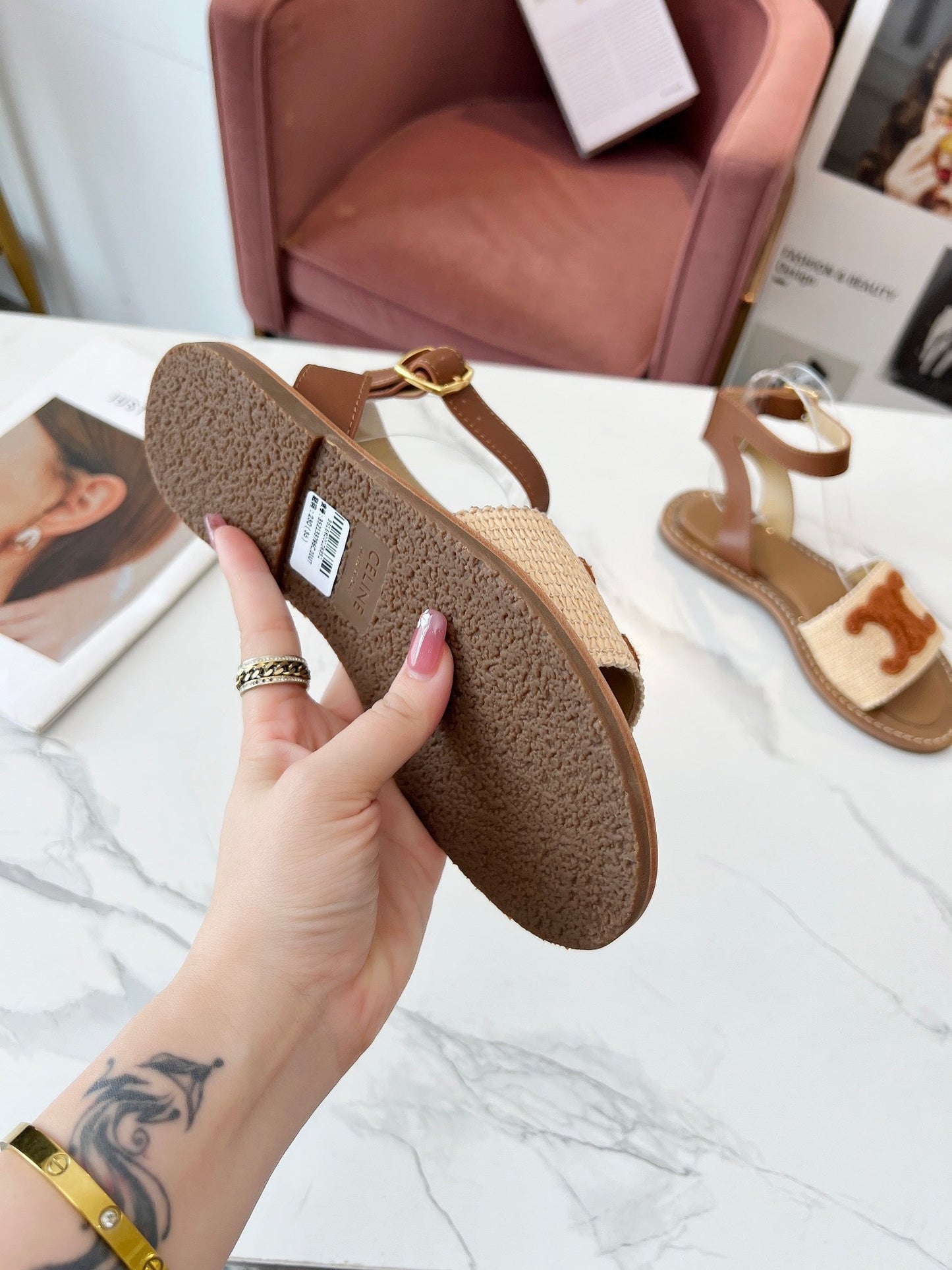 Celine Celine 25C Lympia Sandal Beige mix Brown Fabric with Calfskin 238162