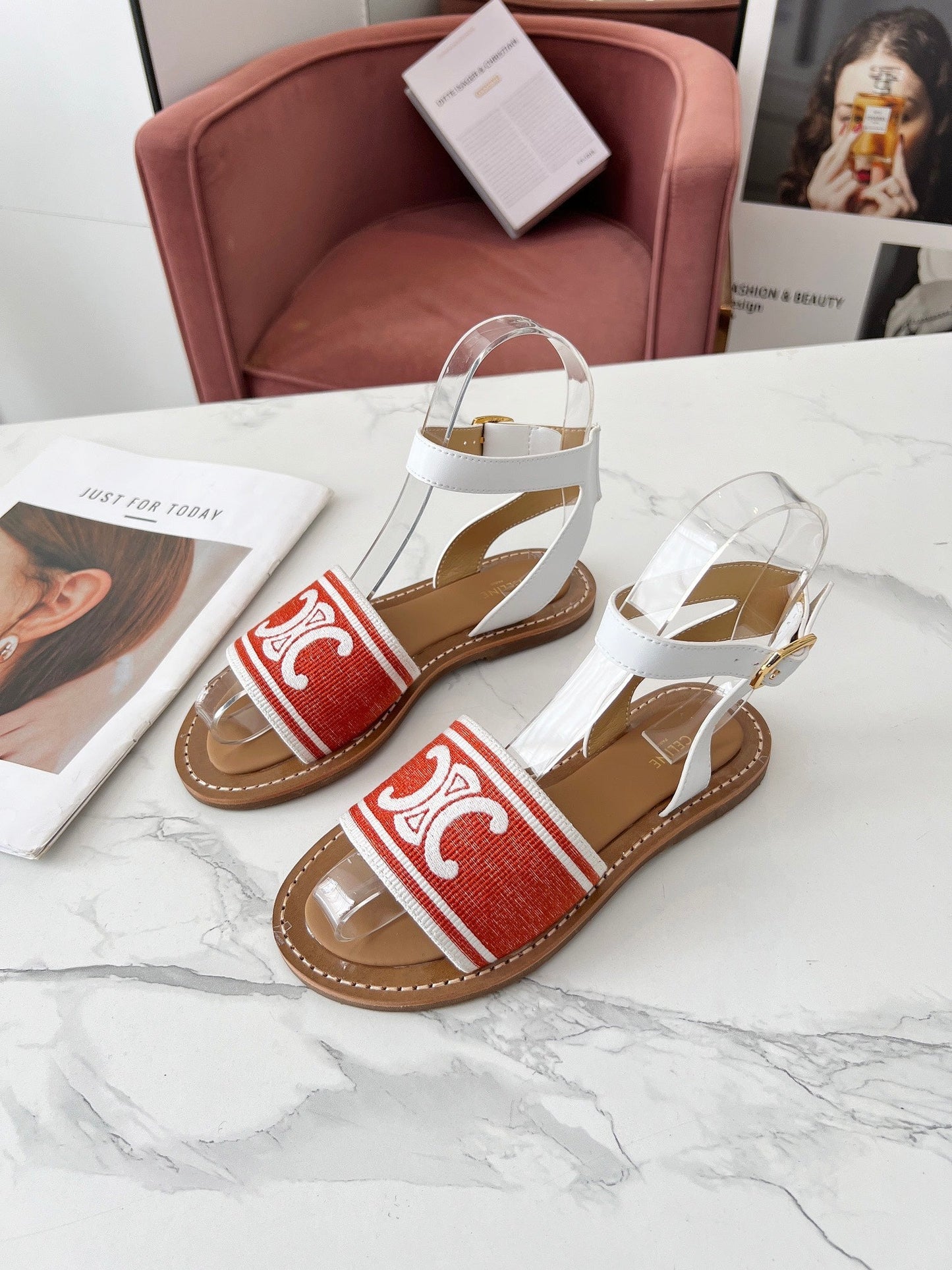 Celine Celine 25C Lympia Sandal Red mix White Canvas with Calfskin 238173