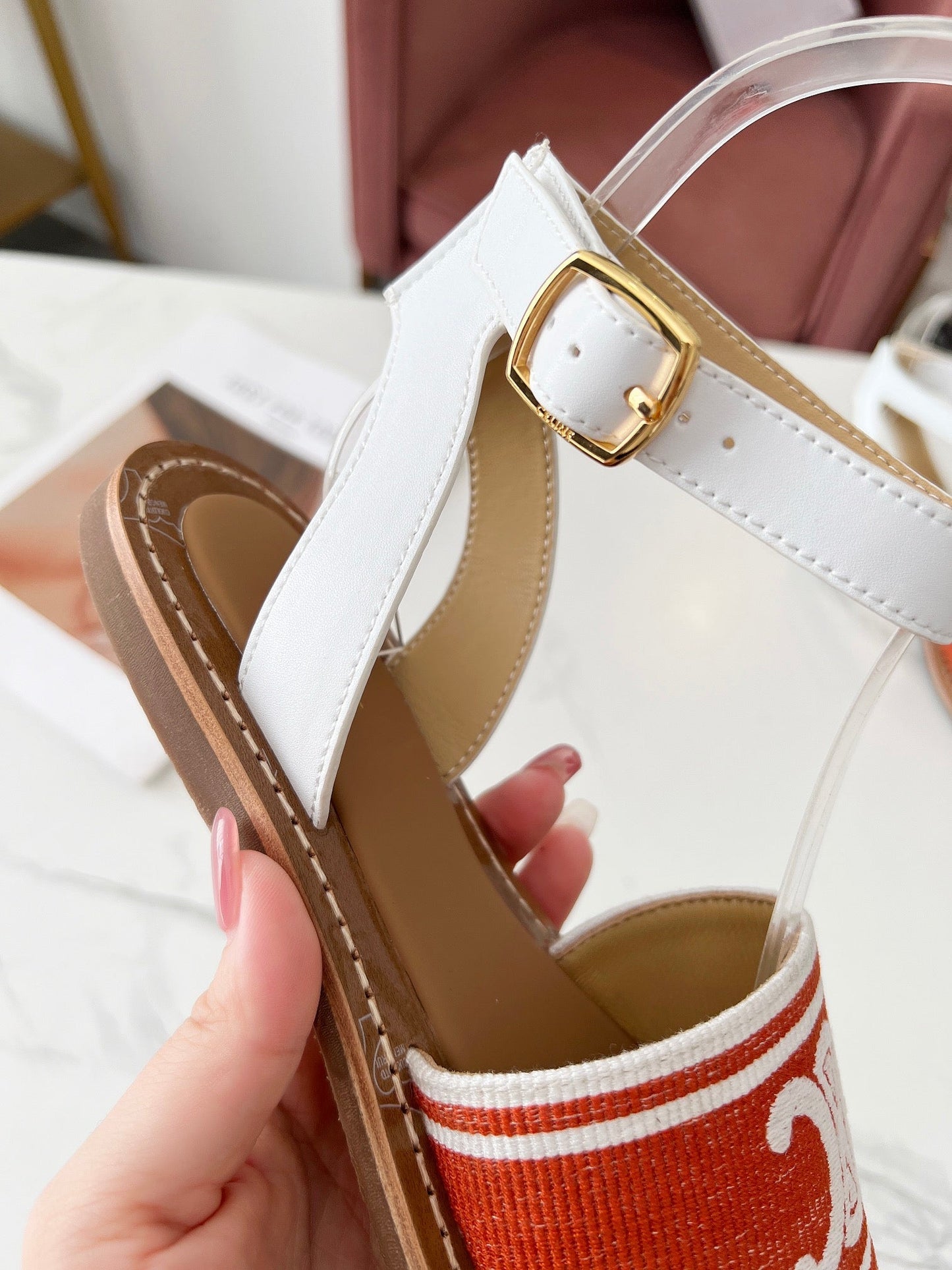 Celine Celine 25C Lympia Sandal Red mix White Canvas with Calfskin 238173