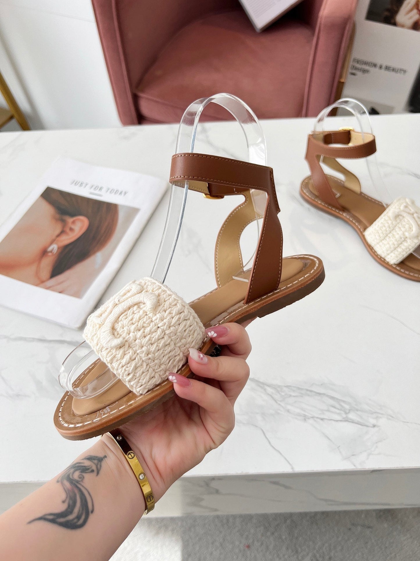 Celine Celine 25C Lympia Sandal White Fabric with Calfskin 238175