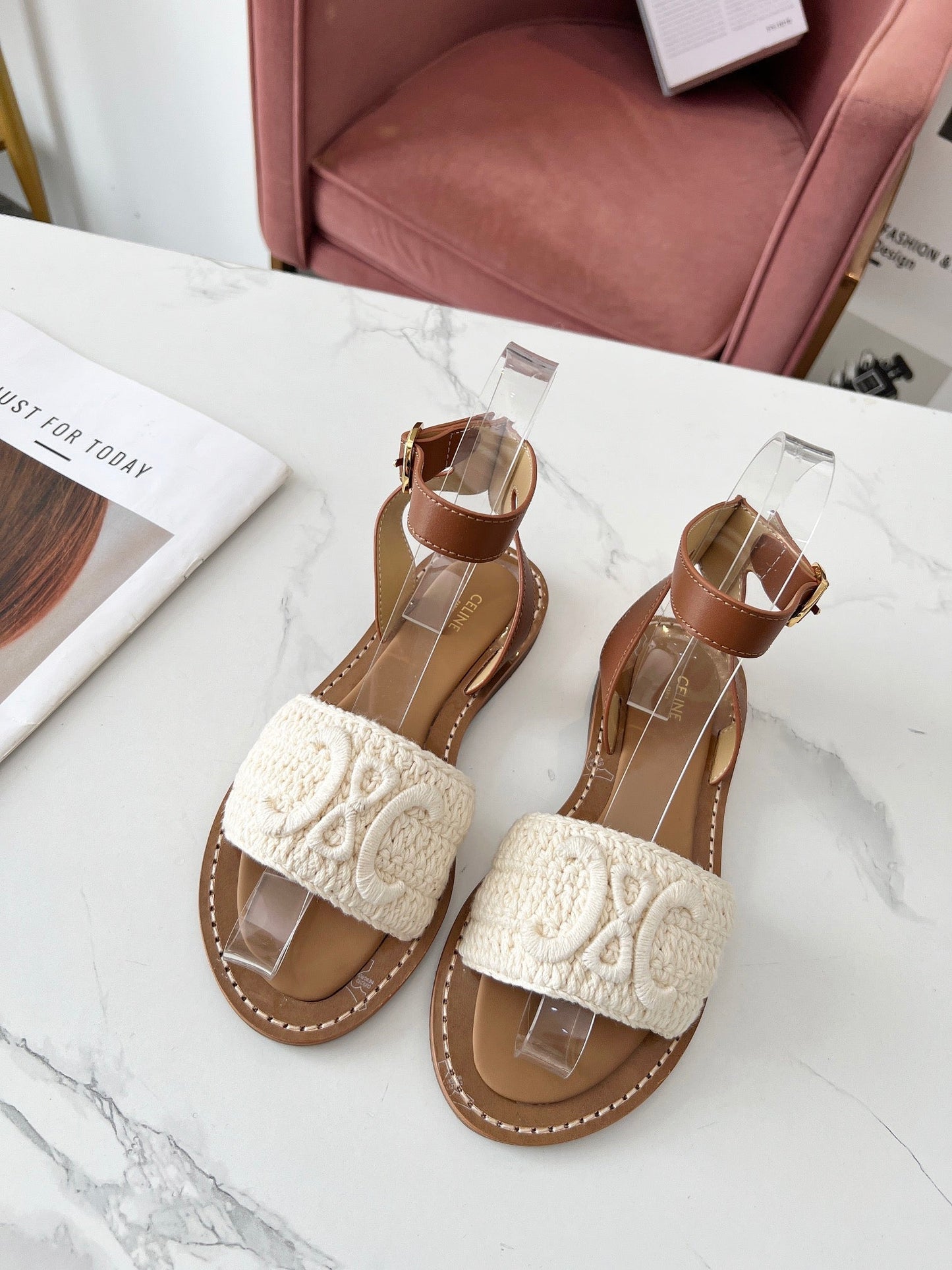 Celine Celine 25C Lympia Sandal White Fabric with Calfskin 238175