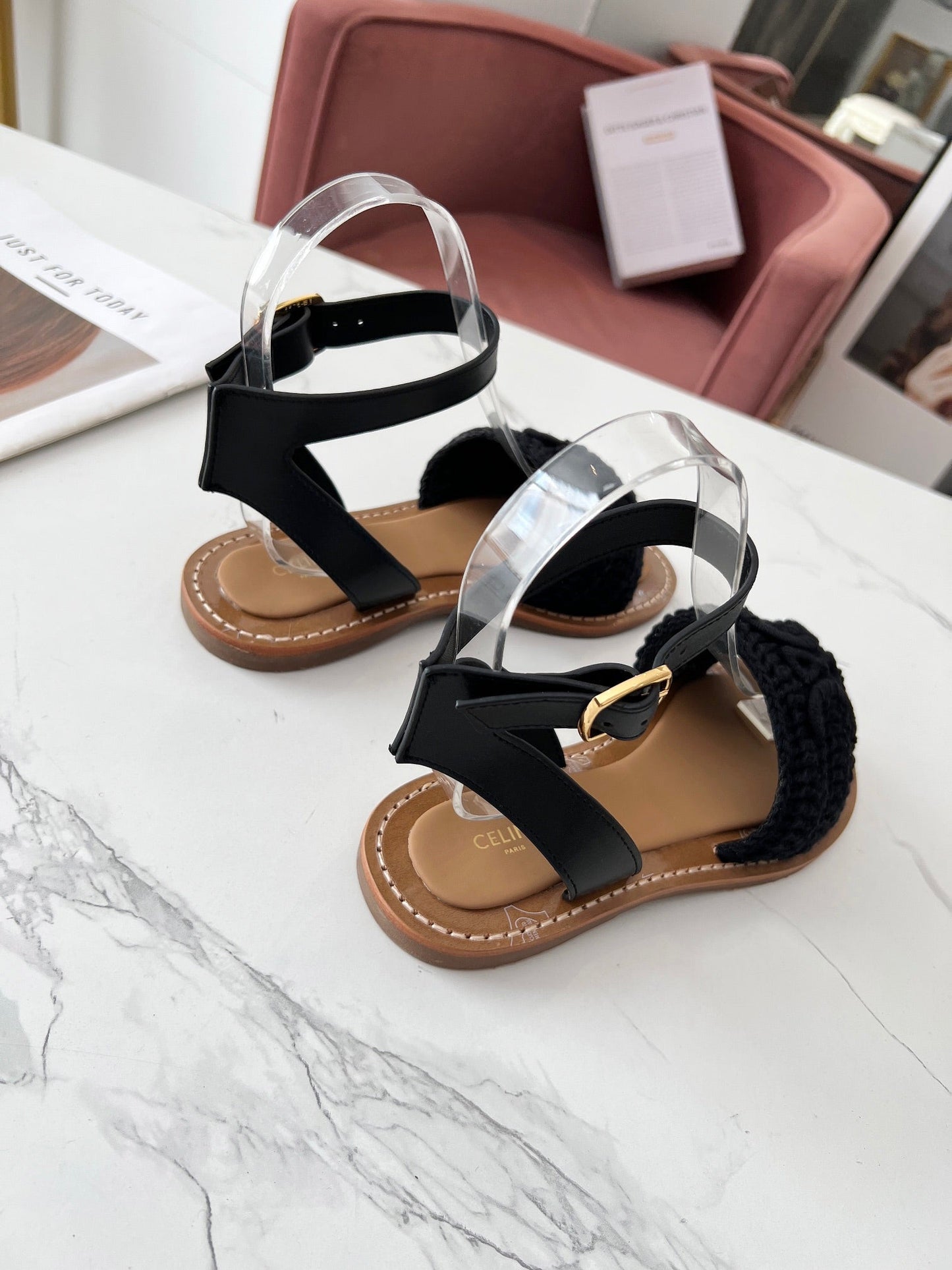 Celine Celine 25C Lympia Sandal Black Fabric with Calfskin 238176