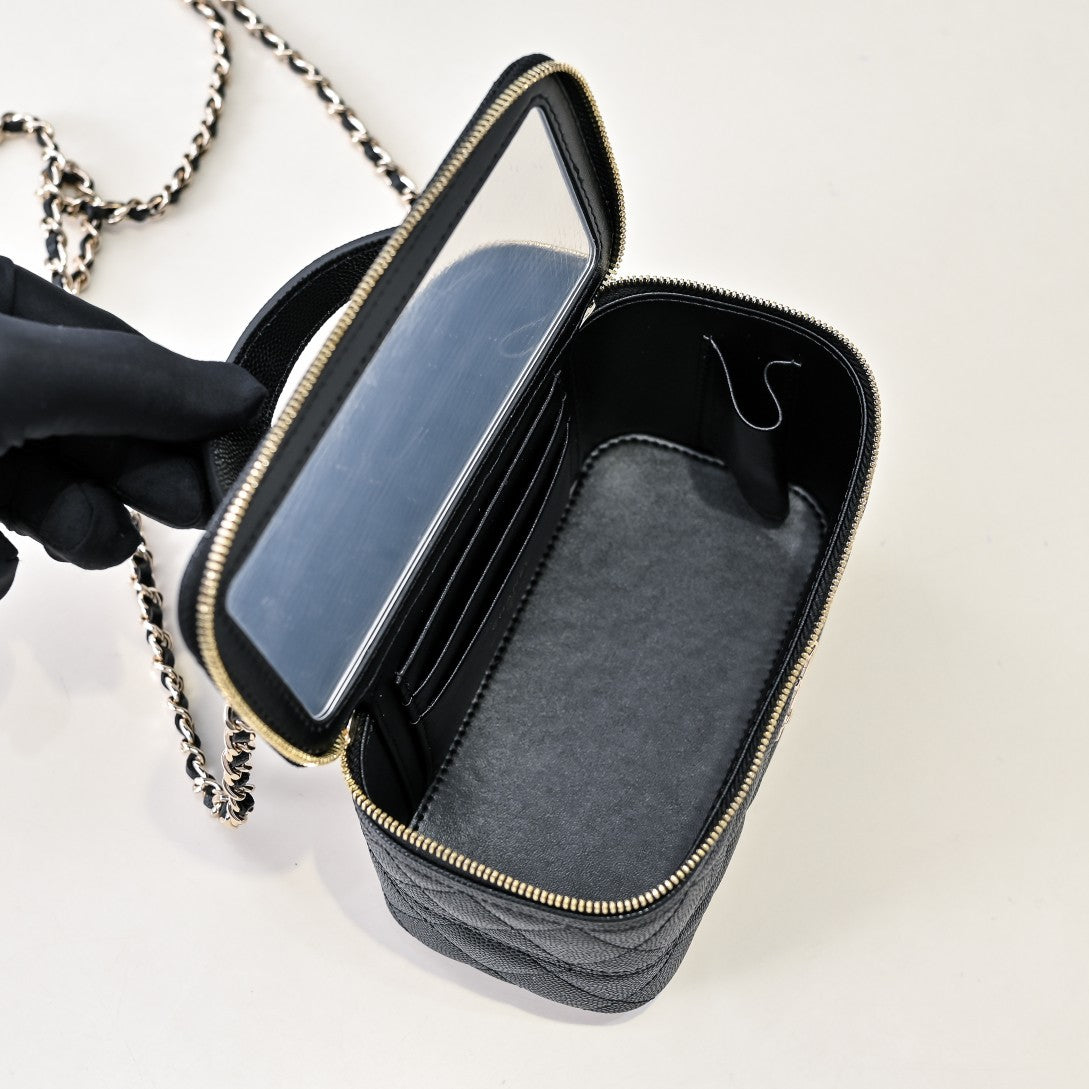 CHANEL 25C Vanity Top Handle 17cm Black Grained Calfskin Light Gold Hardware