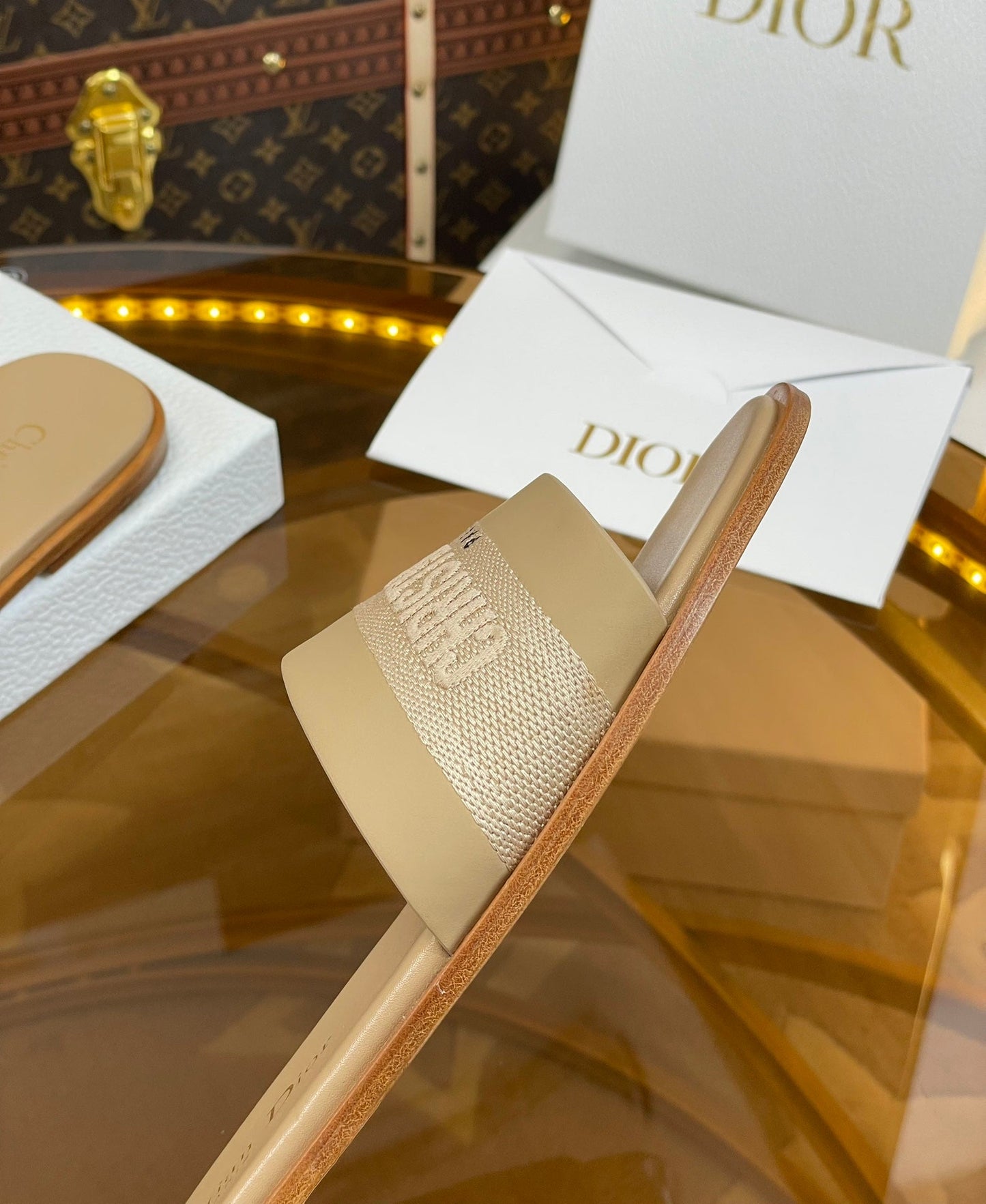DIOR slide beige calfskin embroidered cotton