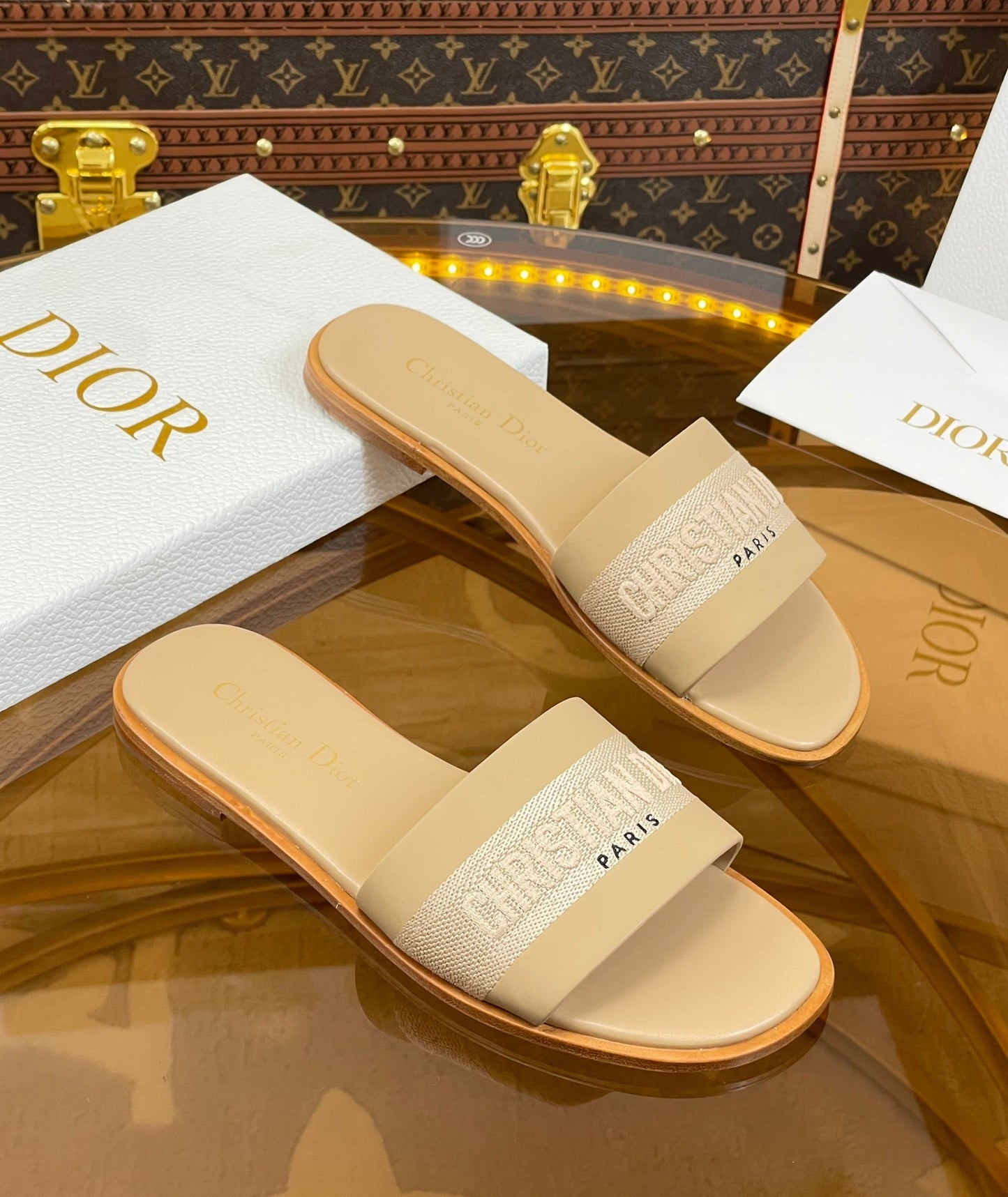 DIOR slide beige calfskin embroidered cotton