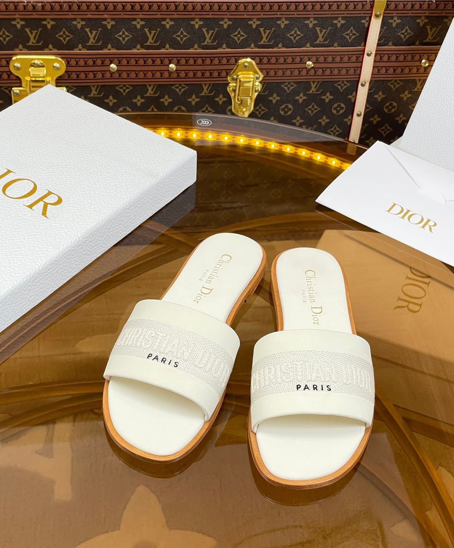 DIOR slide white calfskin embroidered cotton