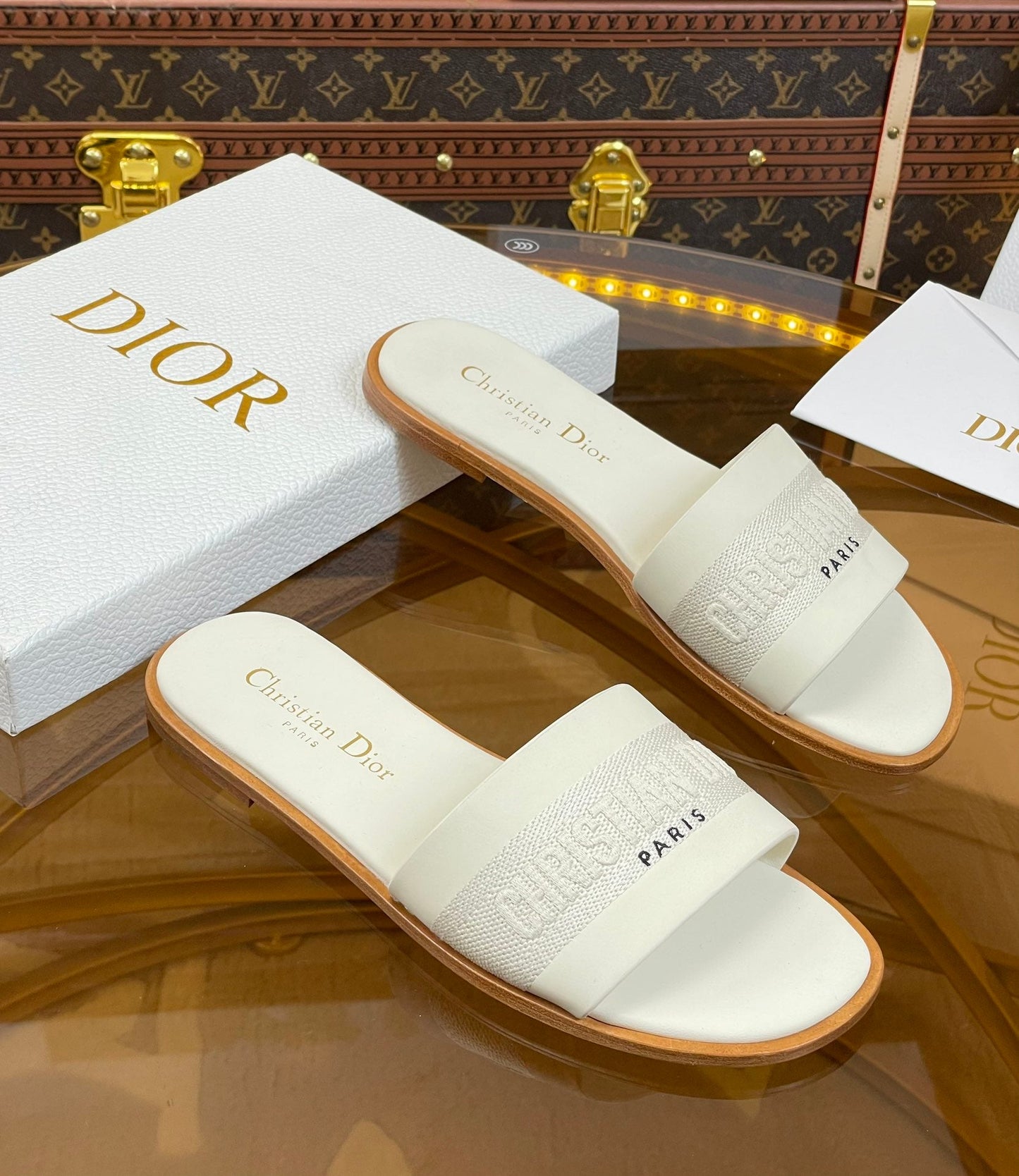 DIOR slide white calfskin embroidered cotton