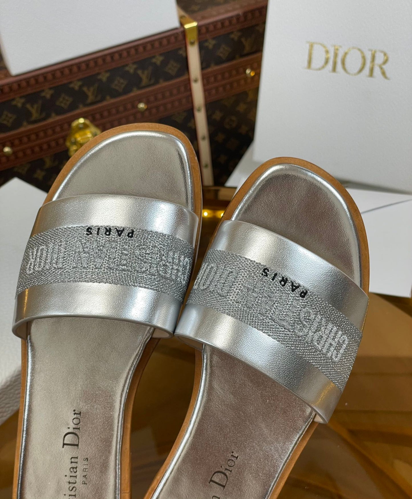 DIOR slide silver metalic calfskin embroidered cotton