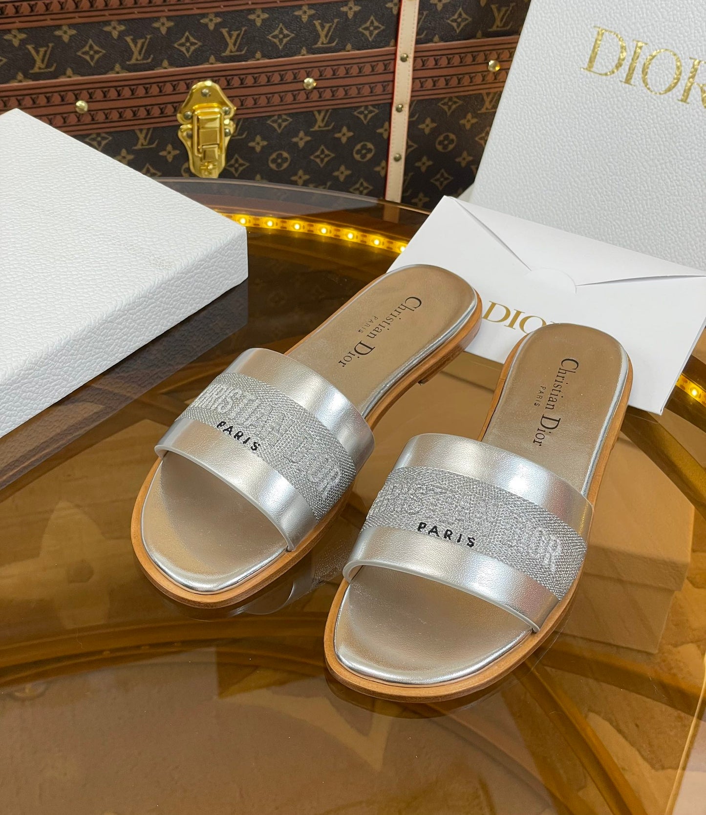 DIOR slide silver metalic calfskin embroidered cotton