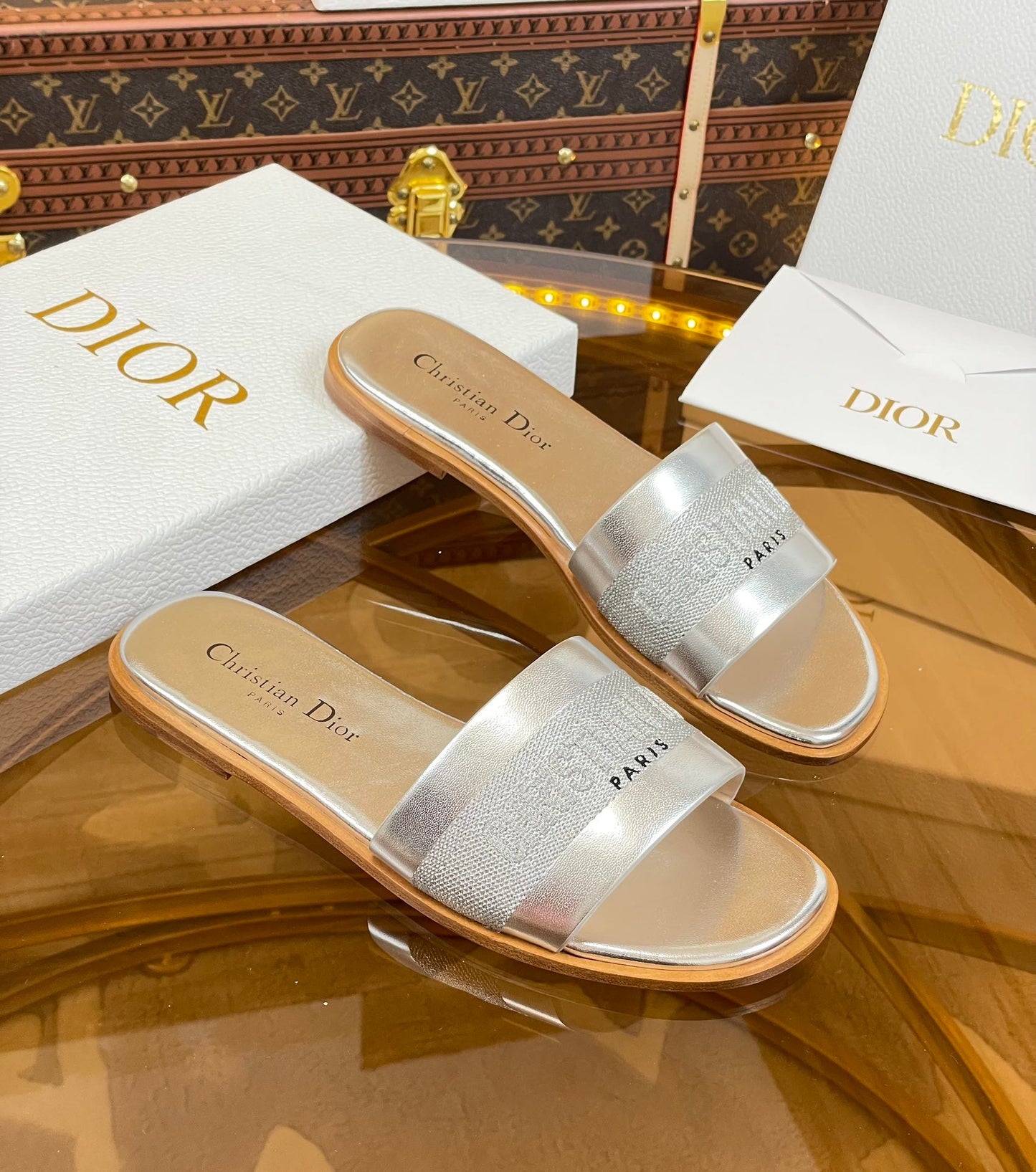 DIOR slide silver metalic calfskin embroidered cotton