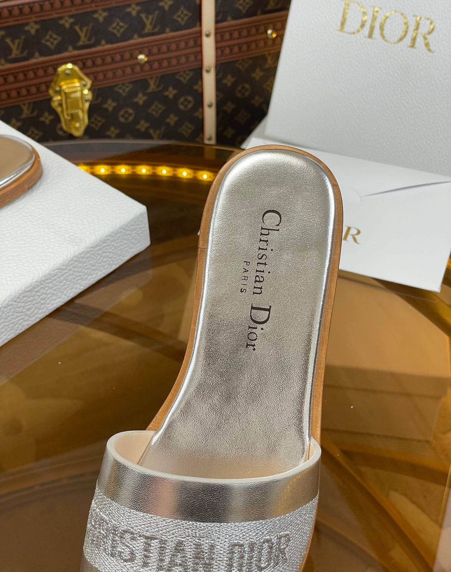 DIOR slide silver metalic calfskin embroidered cotton