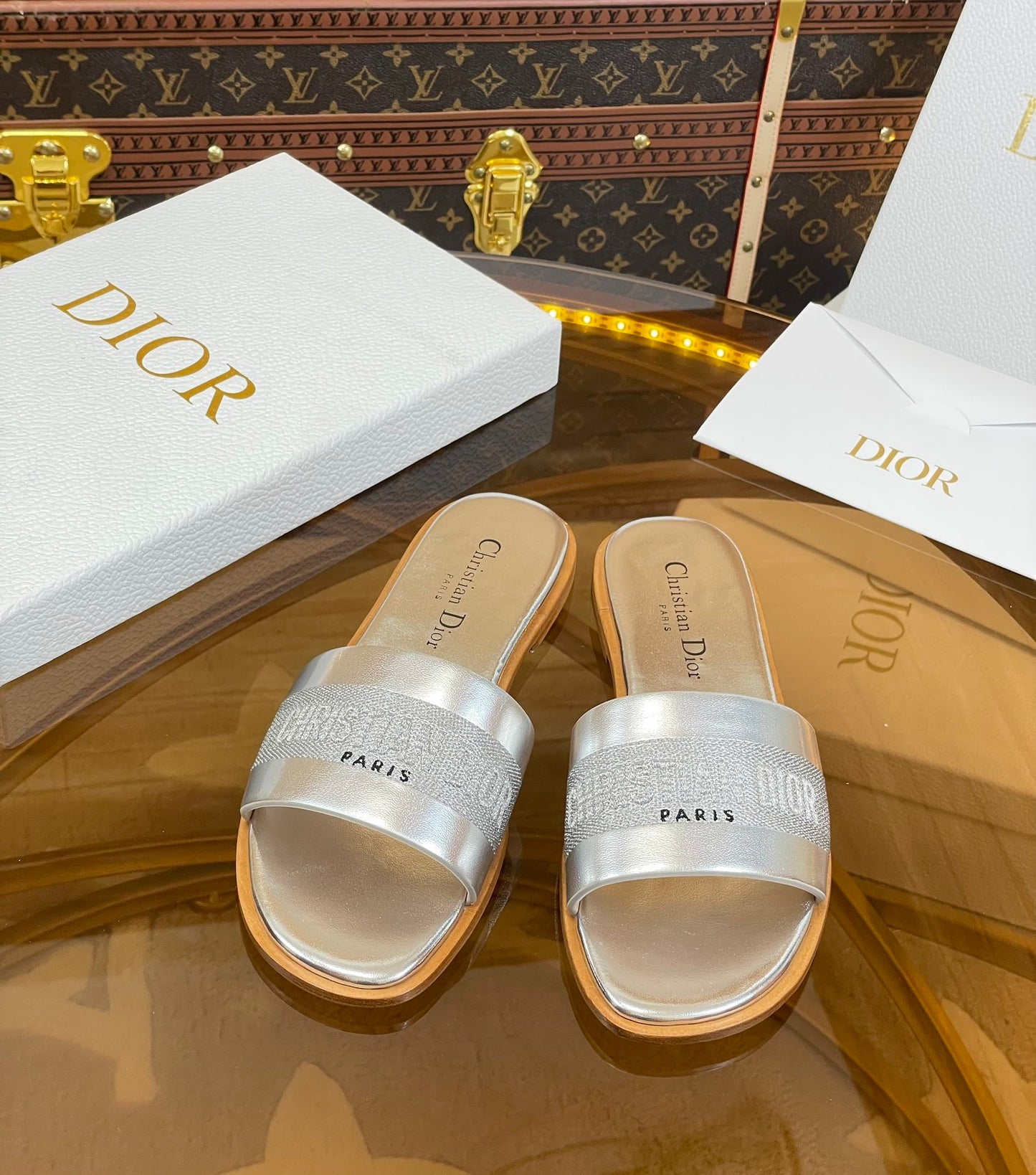 DIOR slide silver metalic calfskin embroidered cotton