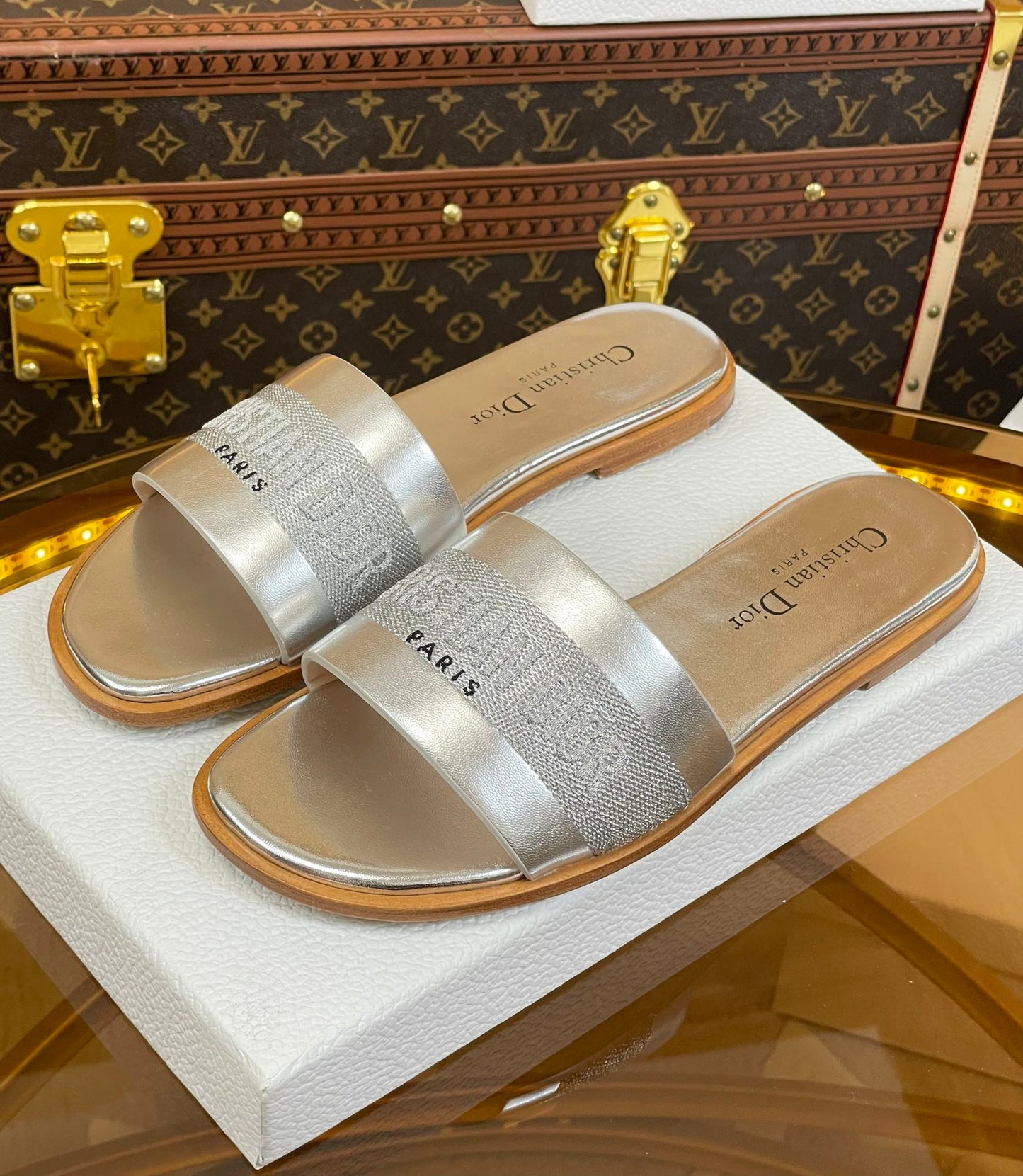 DIOR slide silver metalic calfskin embroidered cotton