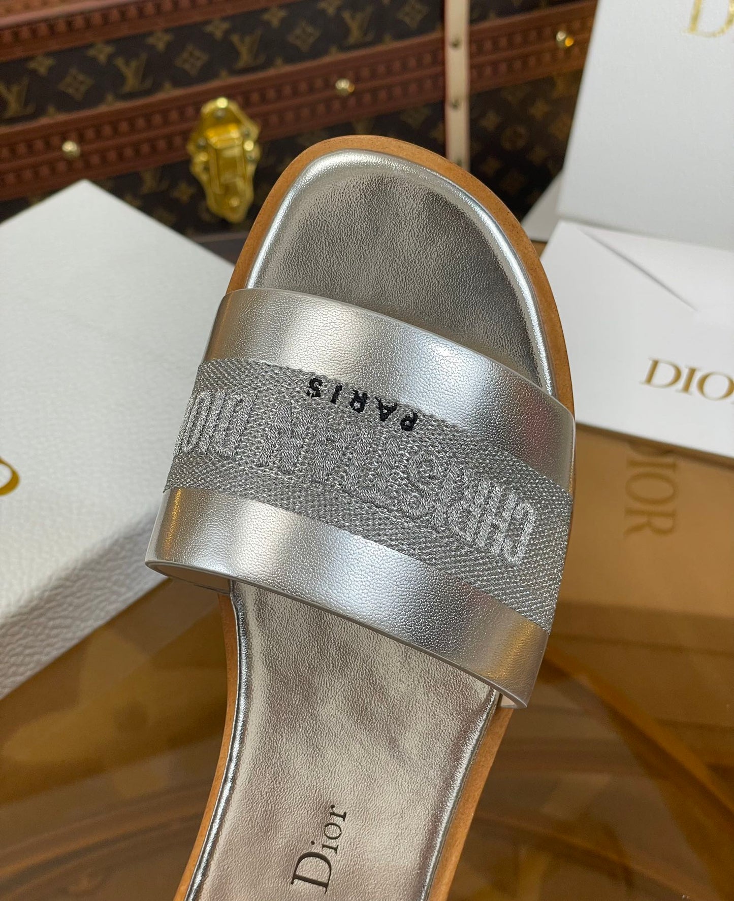 DIOR slide silver metalic calfskin embroidered cotton