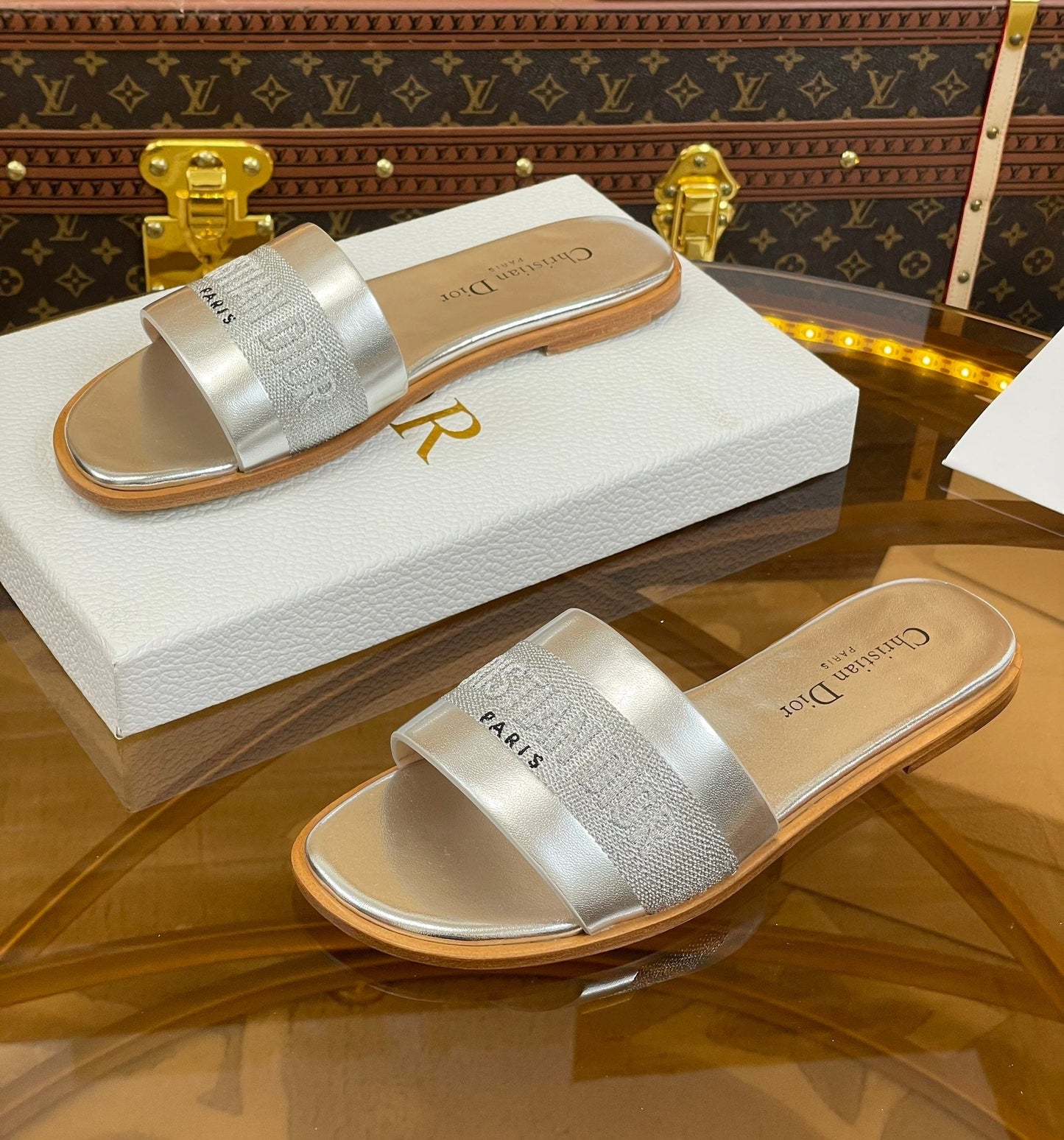 DIOR slide silver metalic calfskin embroidered cotton