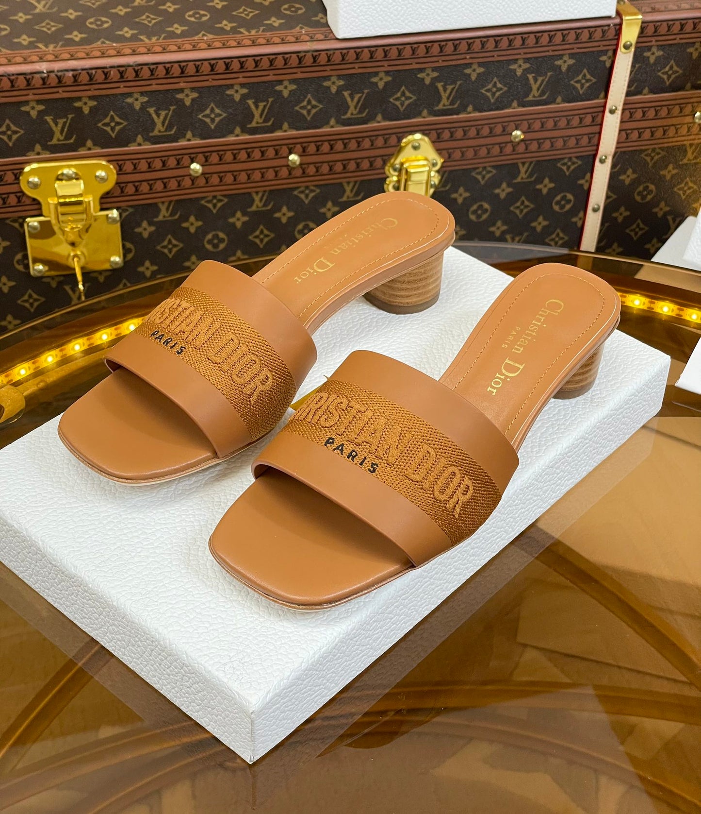 DIOR slide 45 camel calfskin embroidered cotton