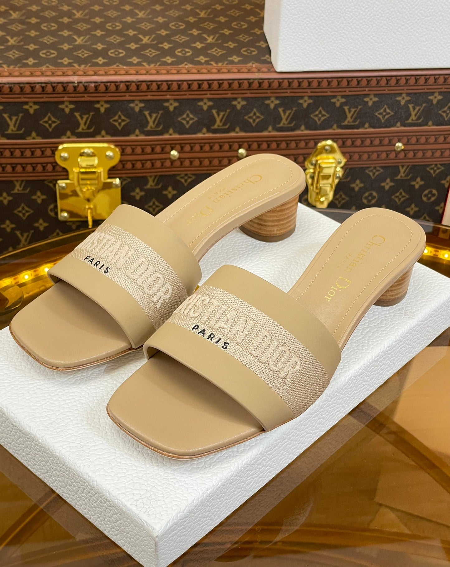 DIOR slide 45 beige calfskin embroidered cotton