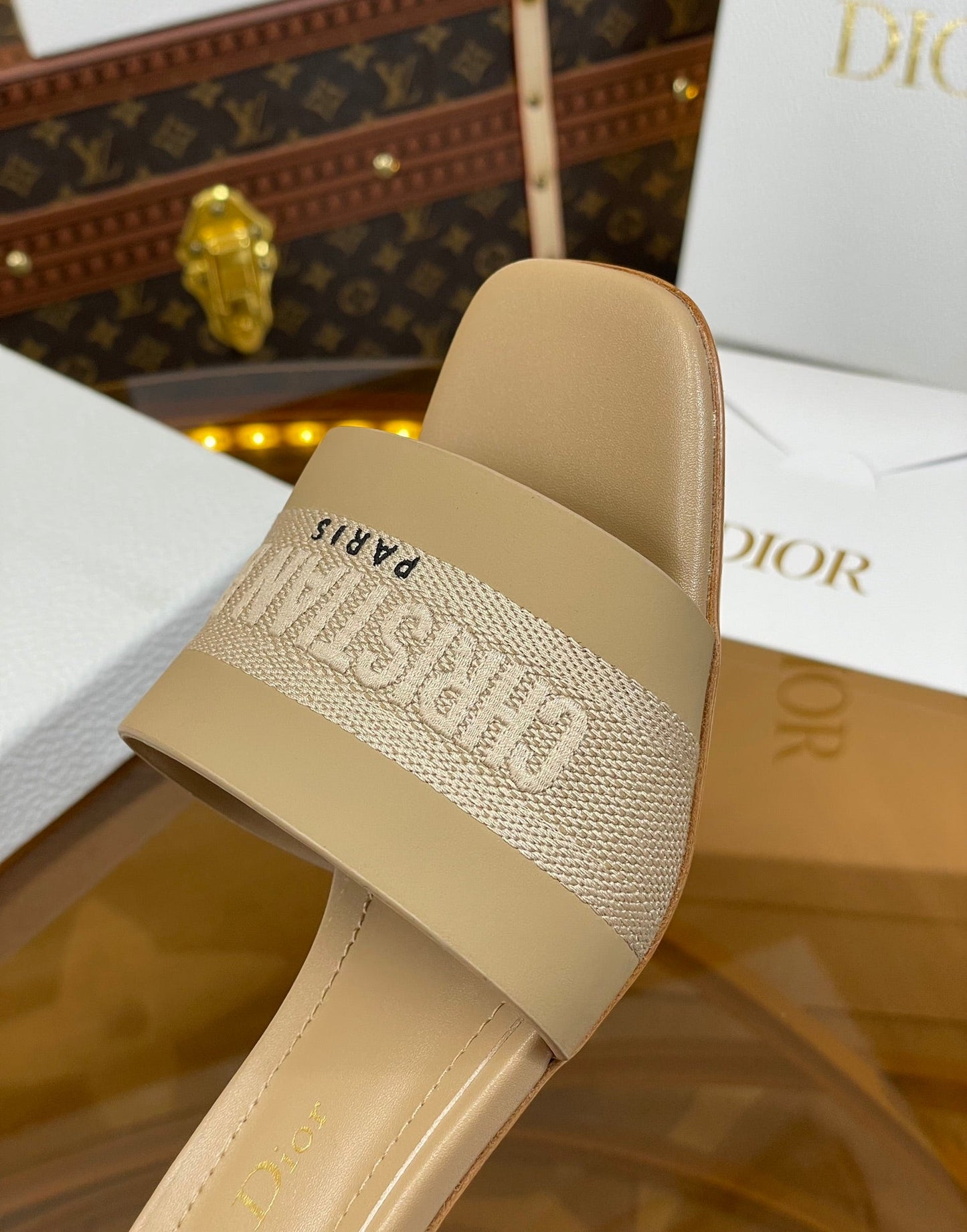 DIOR slide 45 beige calfskin embroidered cotton