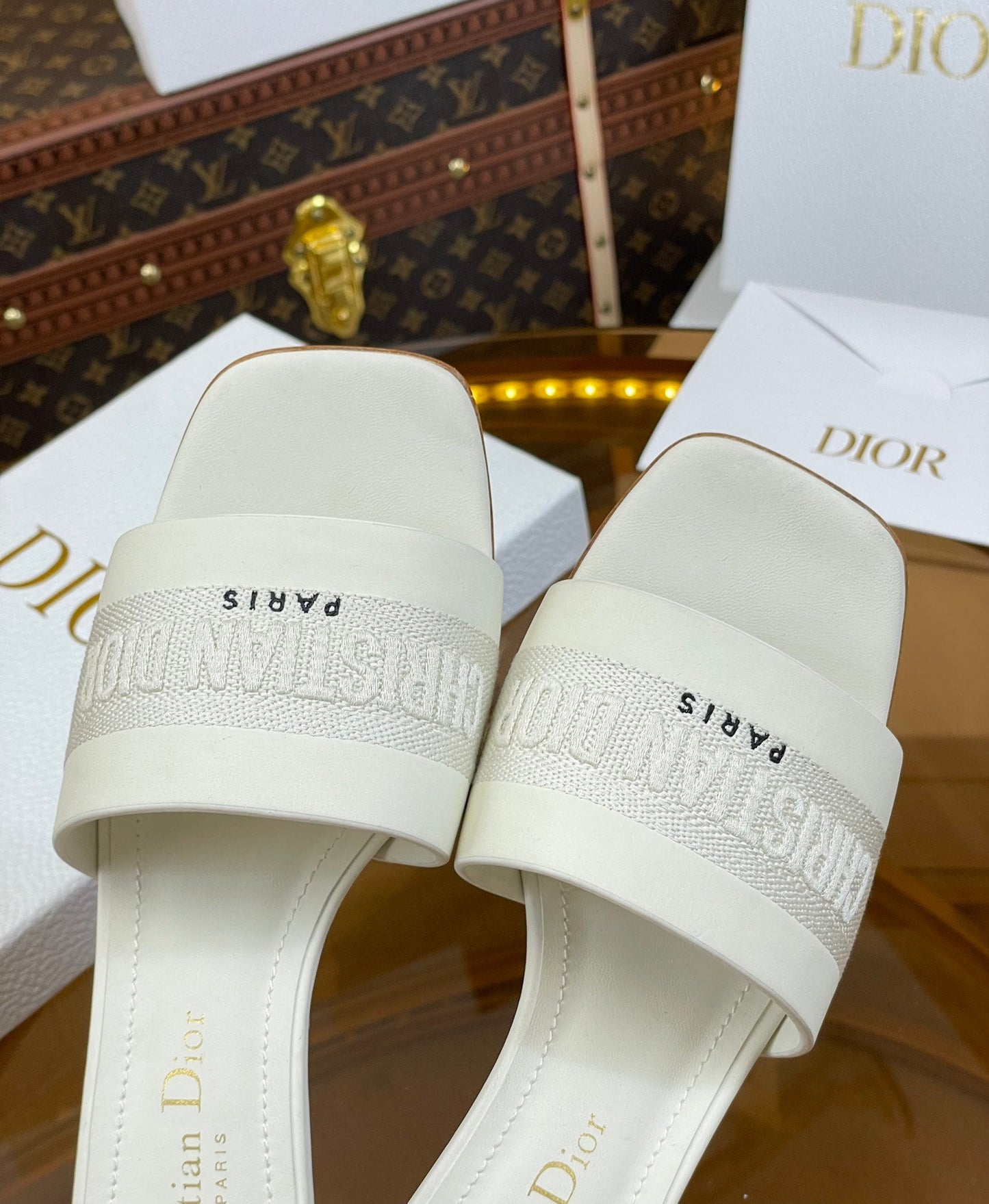 DIOR slide 45 white calfskin embroidered cotton