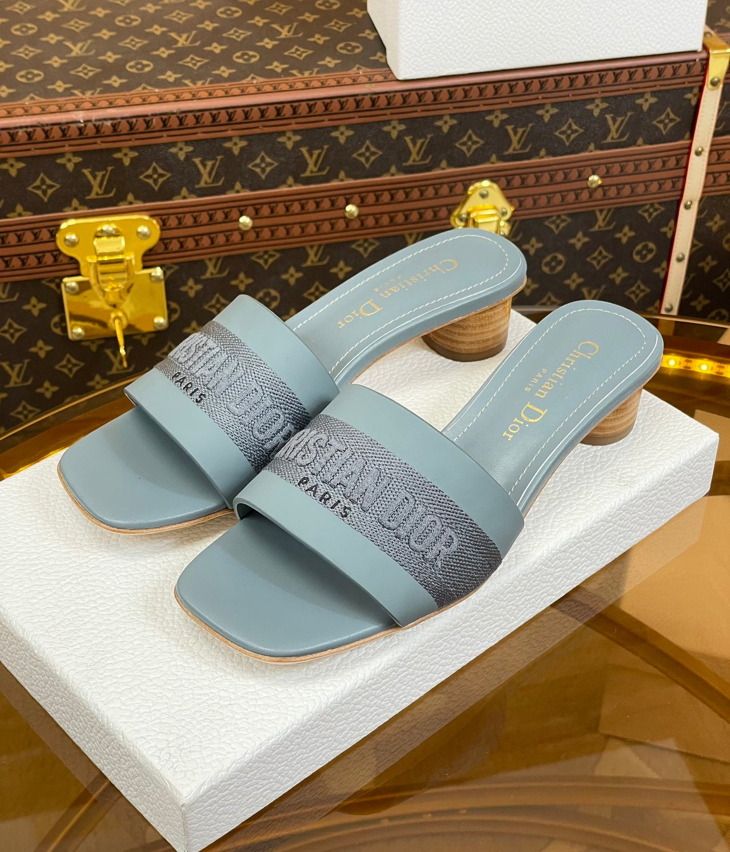 DIOR slide 45 patel blue calfskin embroidered cotton