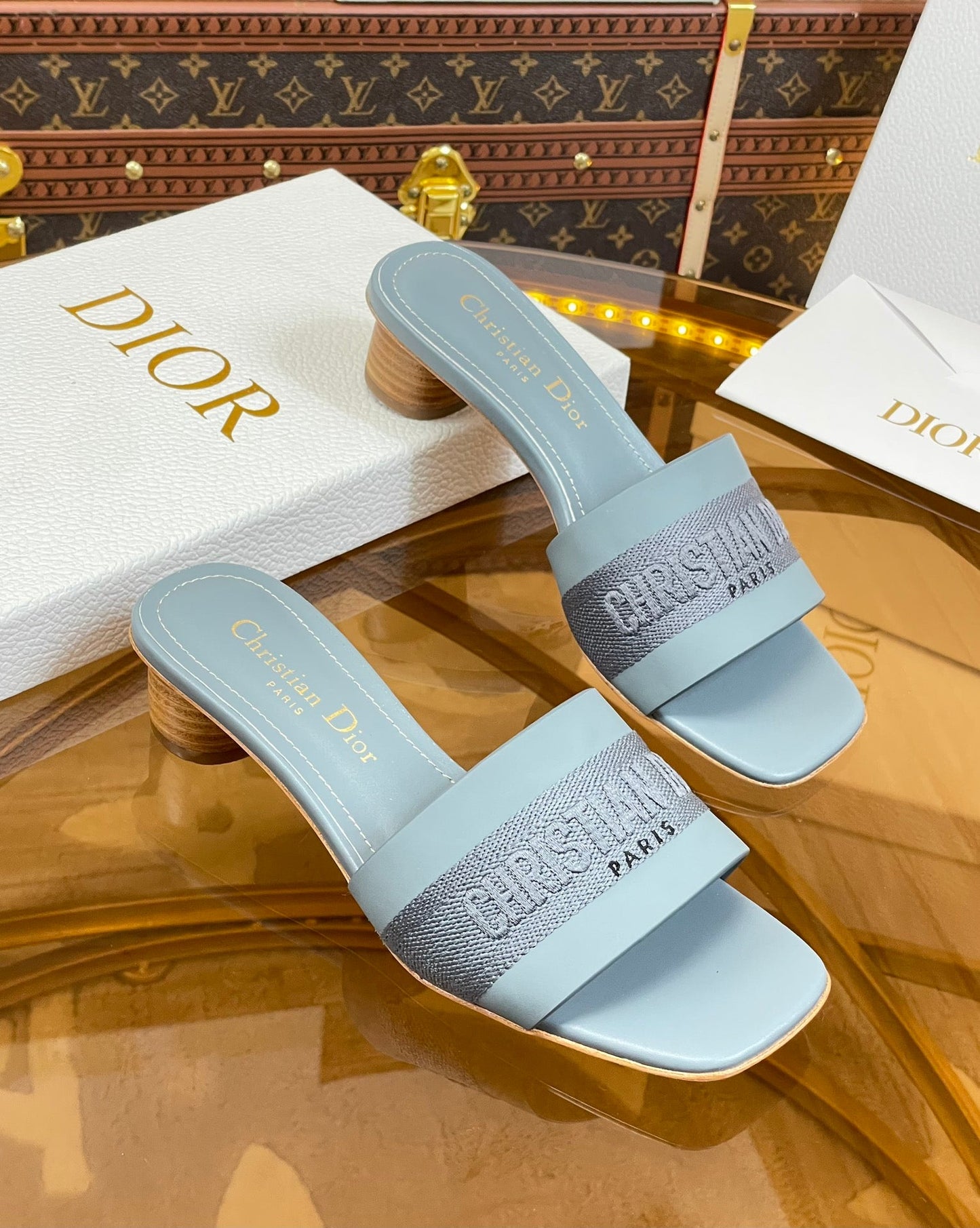 DIOR slide 45 patel blue calfskin embroidered cotton