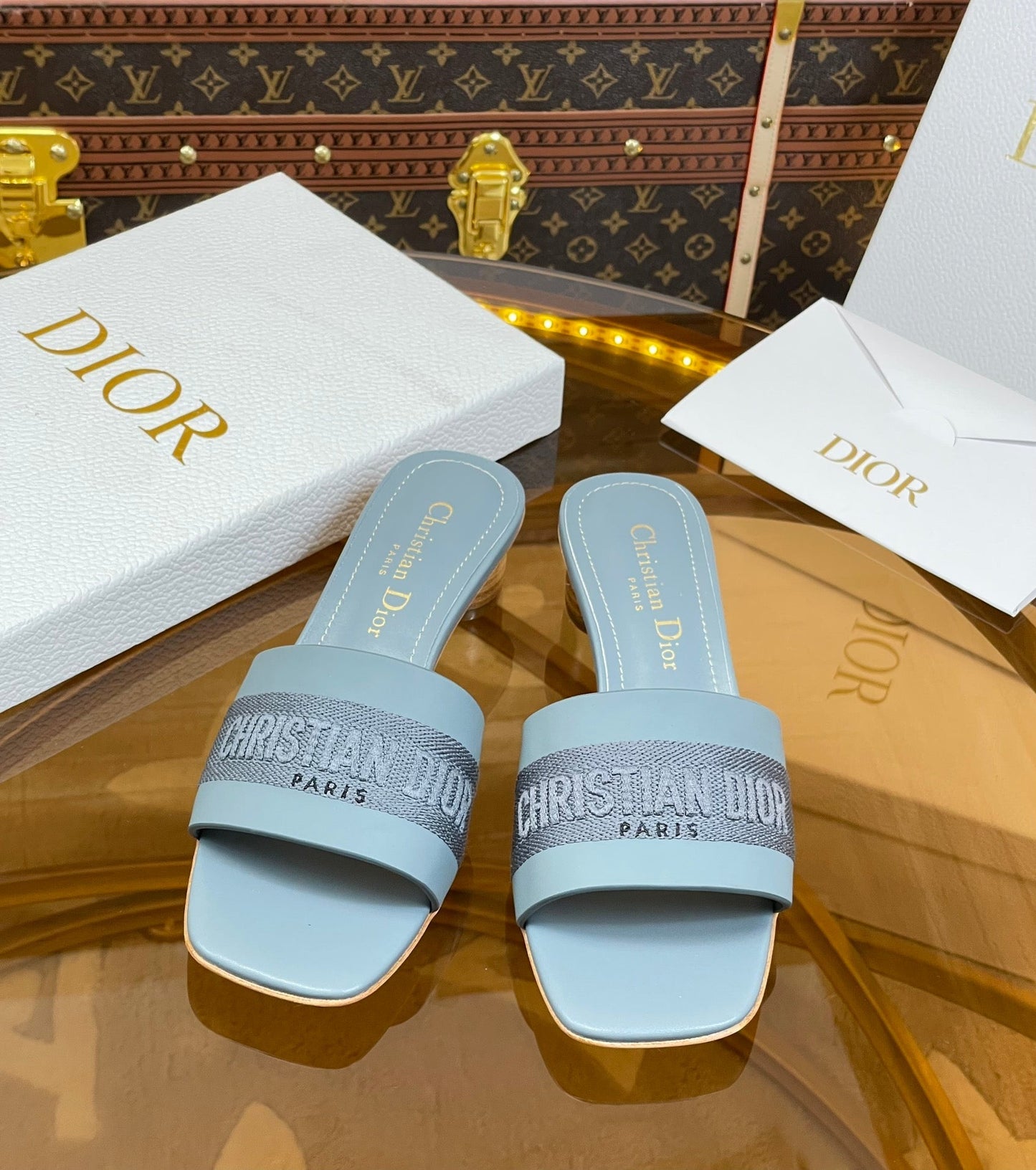 DIOR slide 45 patel blue calfskin embroidered cotton