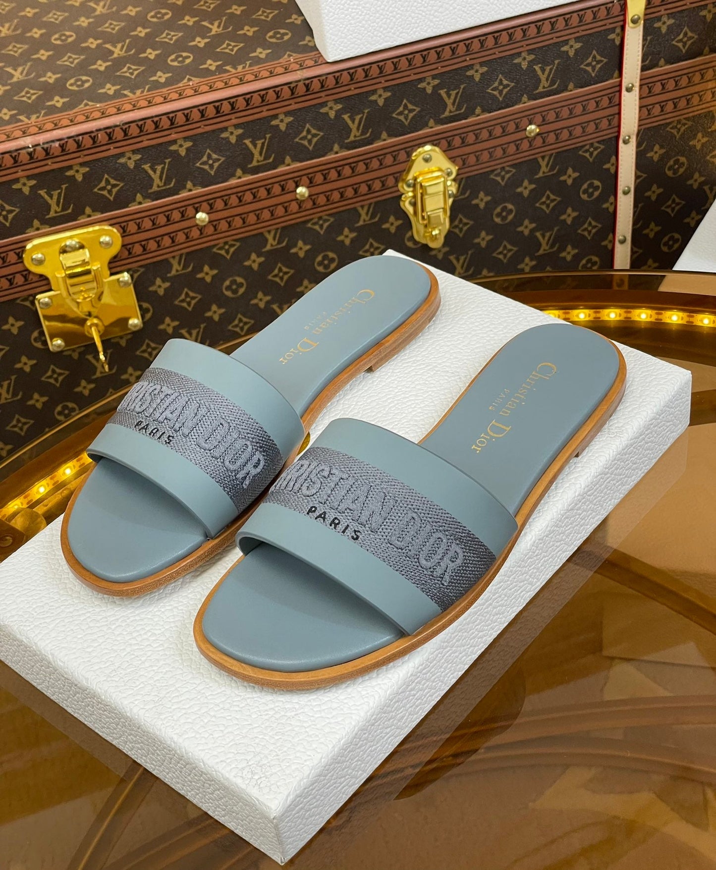 DIOR slide pastel blue calfskin embroidered cotton