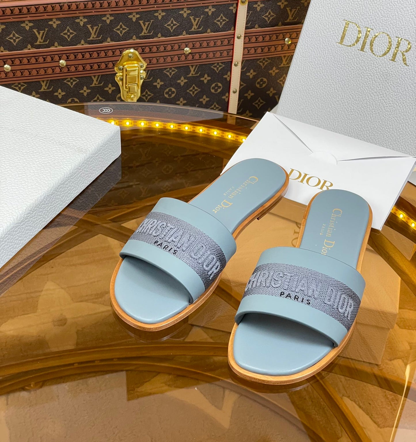 DIOR slide pastel blue calfskin embroidered cotton