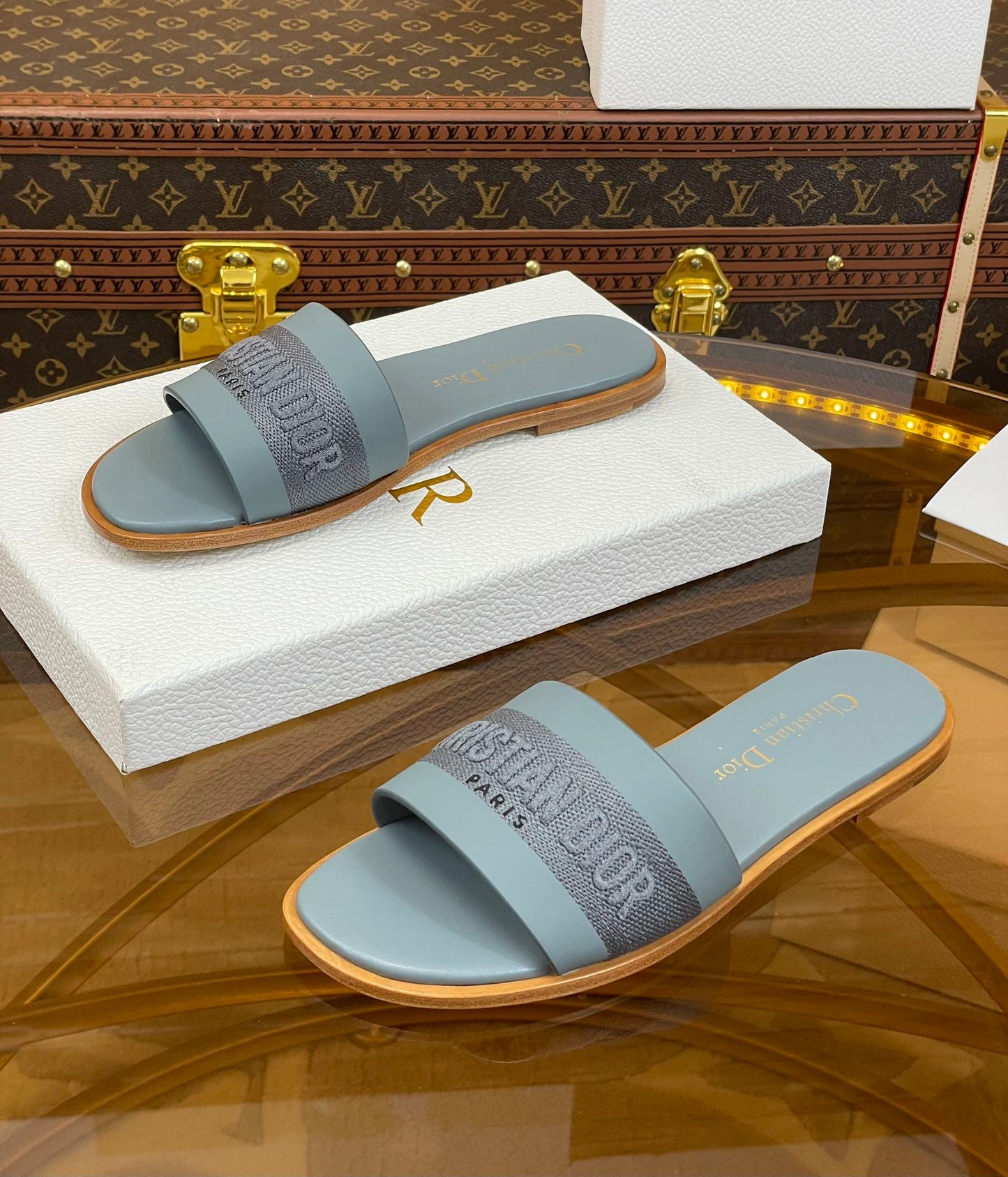 DIOR slide pastel blue calfskin embroidered cotton