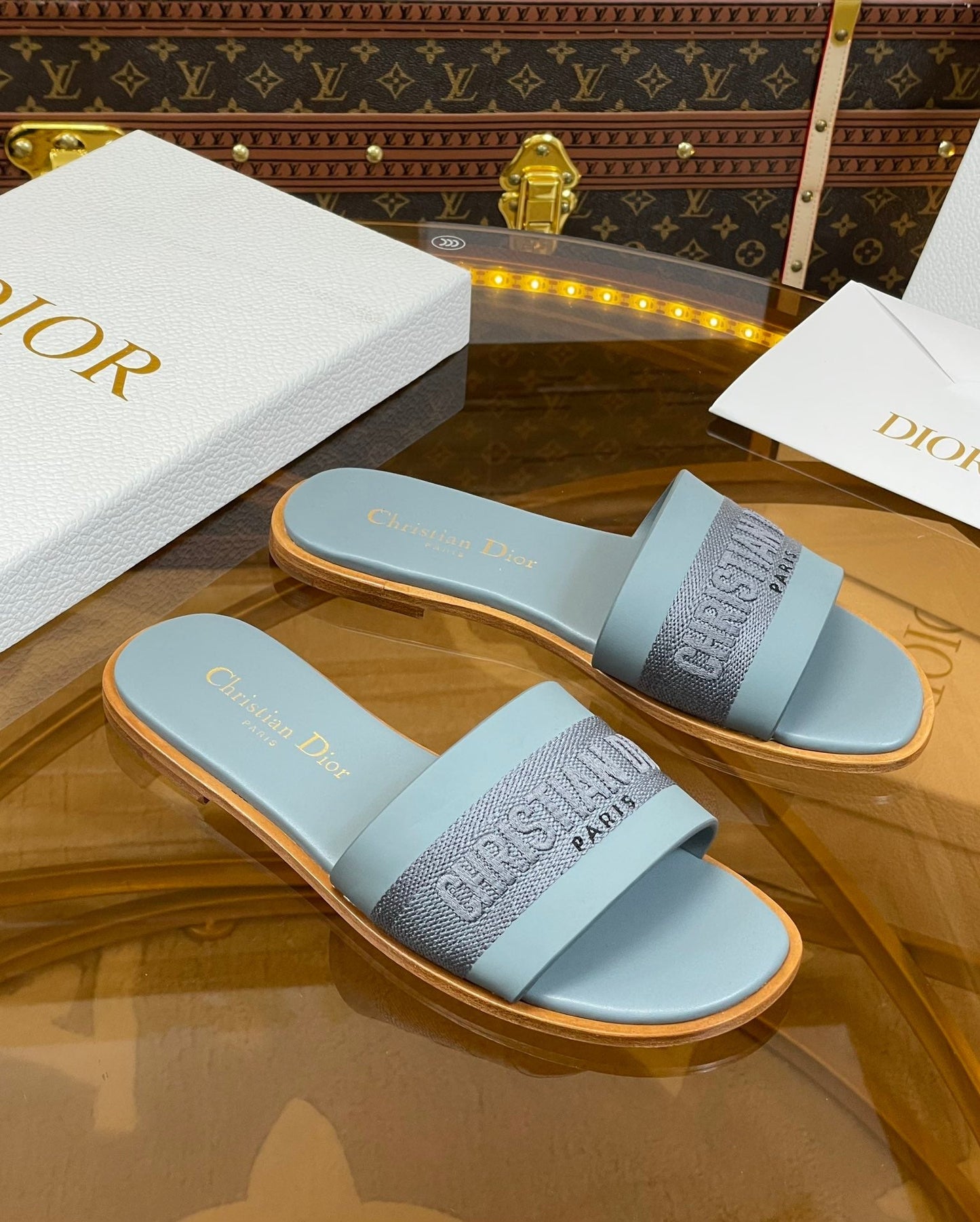 DIOR slide pastel blue calfskin embroidered cotton