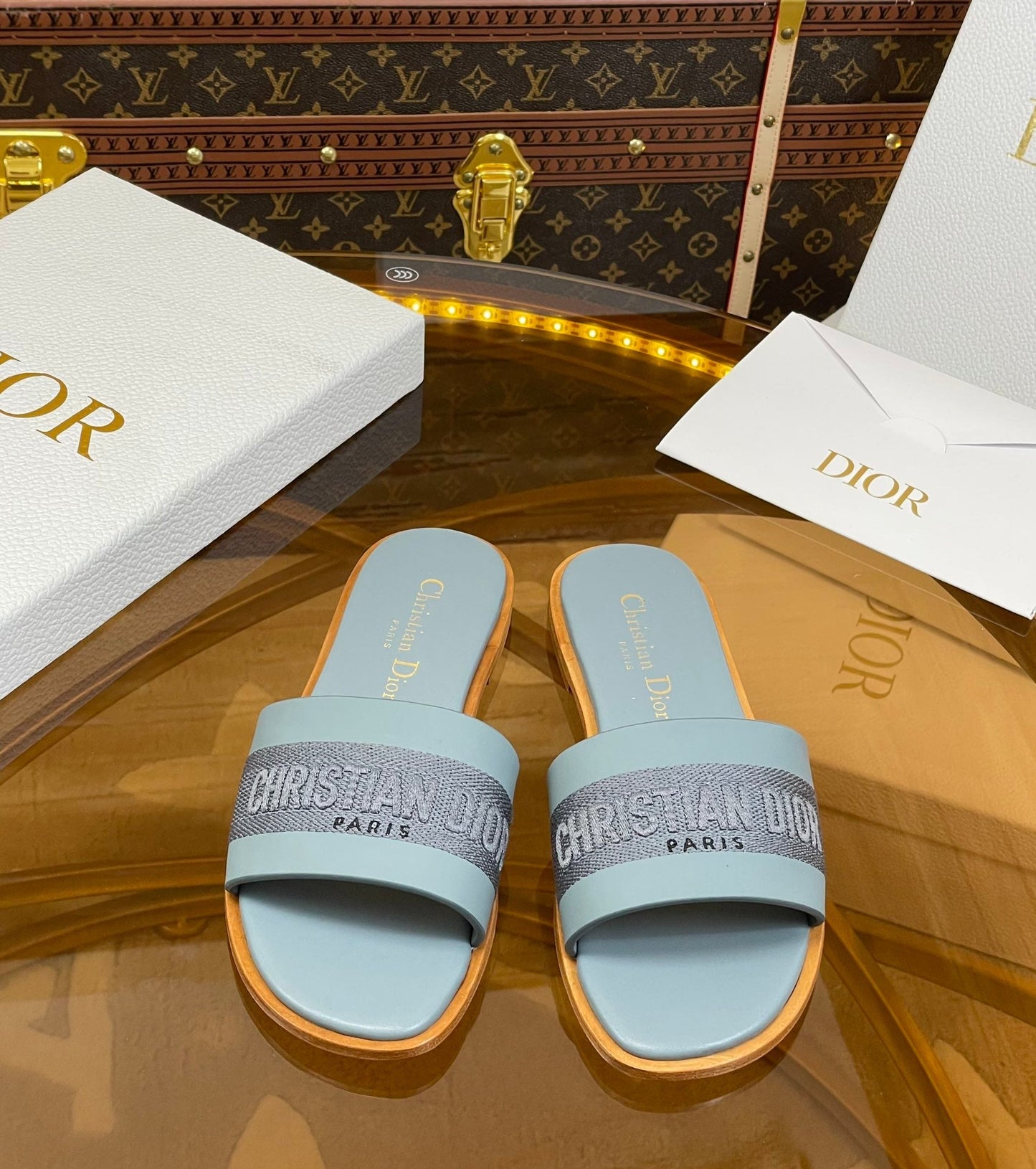 DIOR slide pastel blue calfskin embroidered cotton