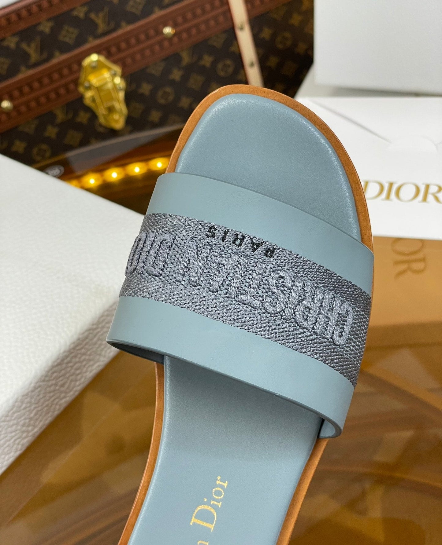 DIOR slide pastel blue calfskin embroidered cotton