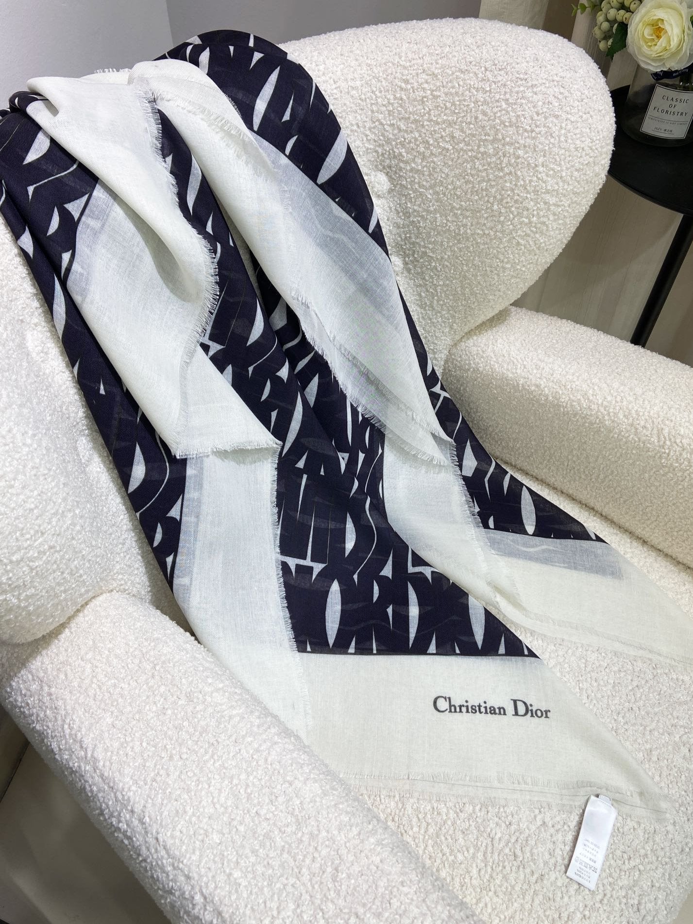 DIOR MISS DIOR ALLOVER SHAWL 140 CM IN BLACK MIX WHITE SILK CASHMERE 411629