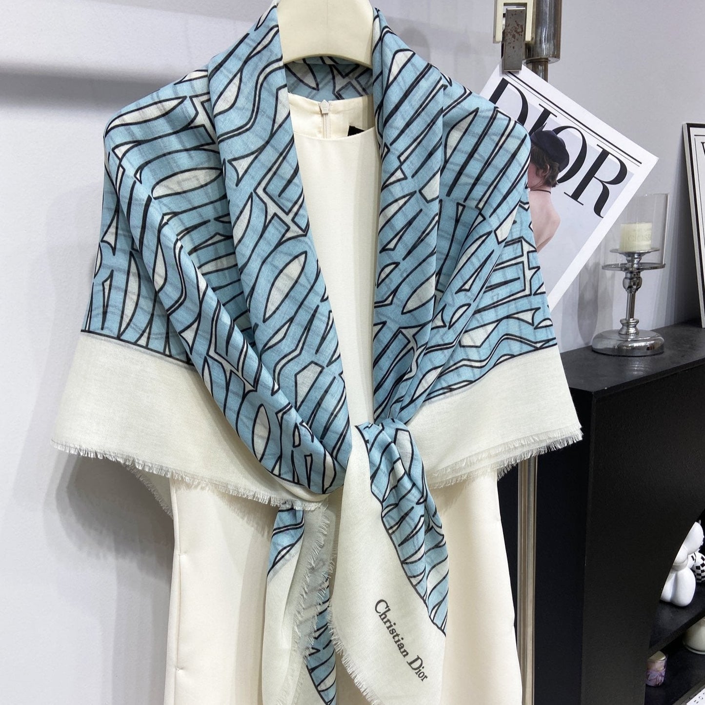 DIOR MISS DIOR ALLOVER SHAWL 140 CM IN POWDER BLUE MIX WHITE SILK CASHMERE 411630