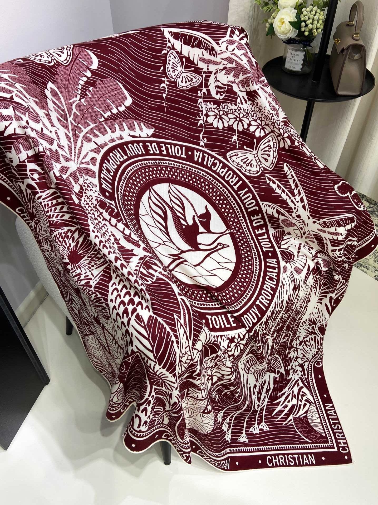 DIOR SQUARE SCARF 140 CM IN MAROON RED MIX WHITE MONOGRAM WOOL AND SILK 415110