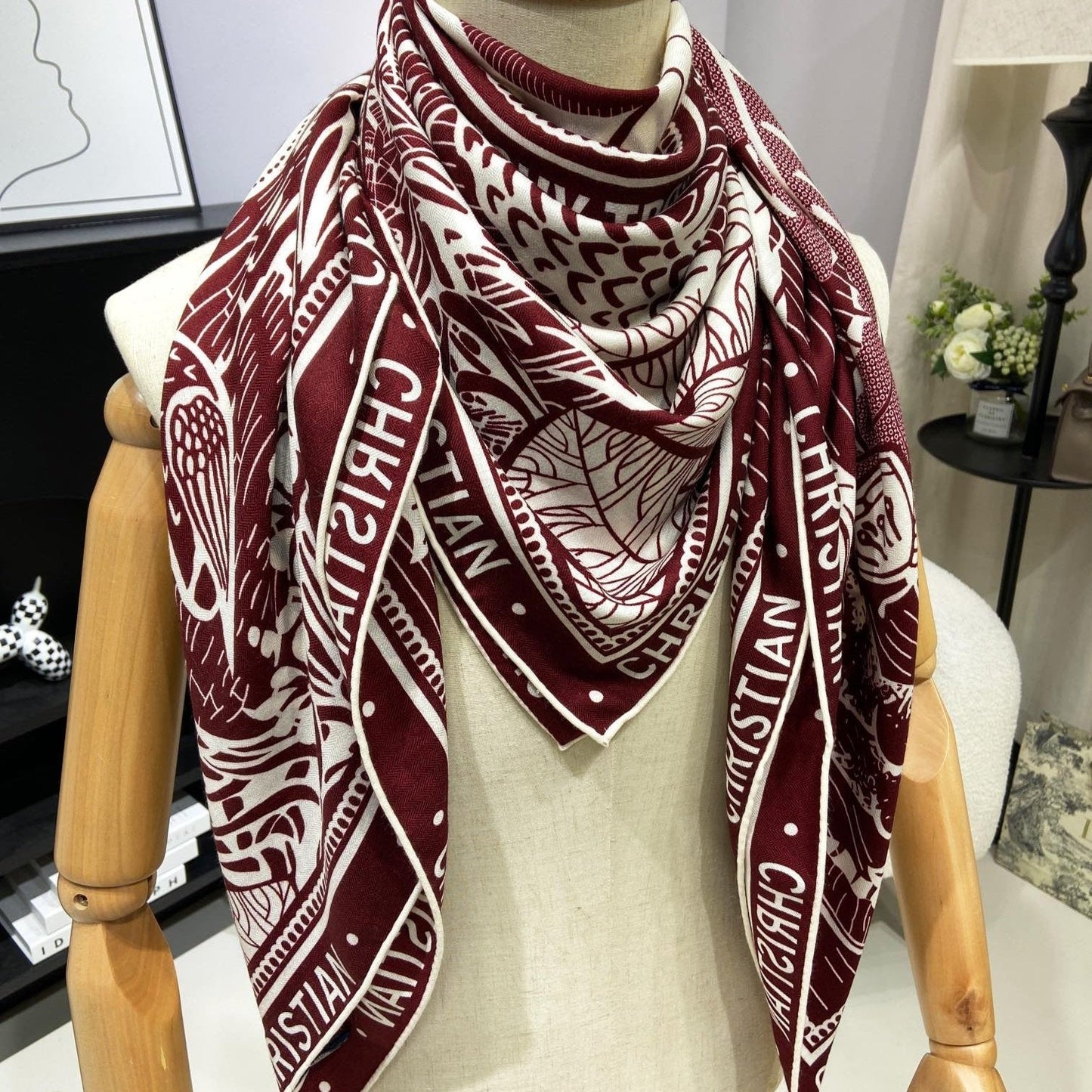 DIOR SQUARE SCARF 140 CM IN MAROON RED MIX WHITE MONOGRAM WOOL AND SILK 415110