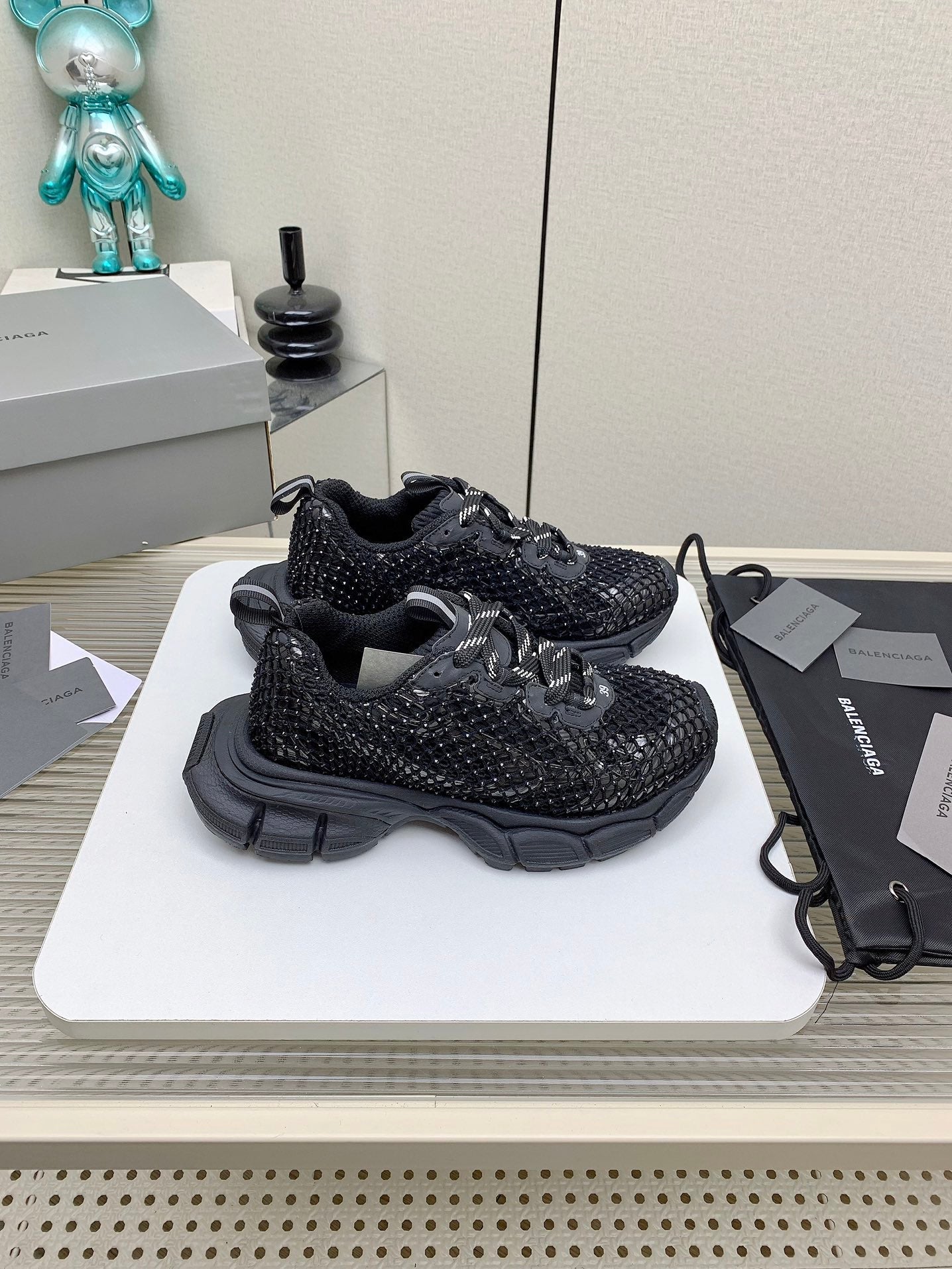 Balanciaga XL FISHNET SNEAKER IN BLACK MESH, POLYURETHANE, POLYESTER WITH RHINESTONES