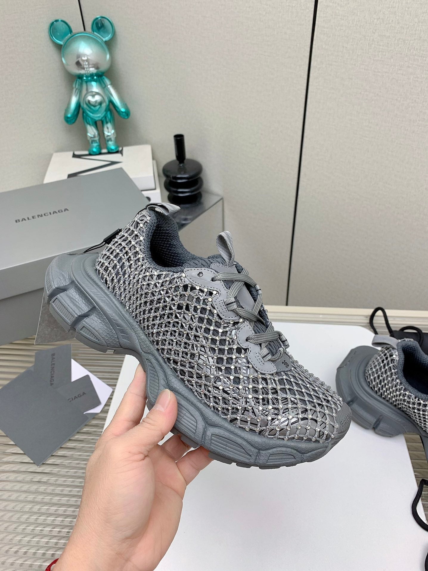 Balanciaga XL FISHNET SNEAKER IN GRAY MESH, POLYURETHANE, POLYESTER WITH RHINESTONES