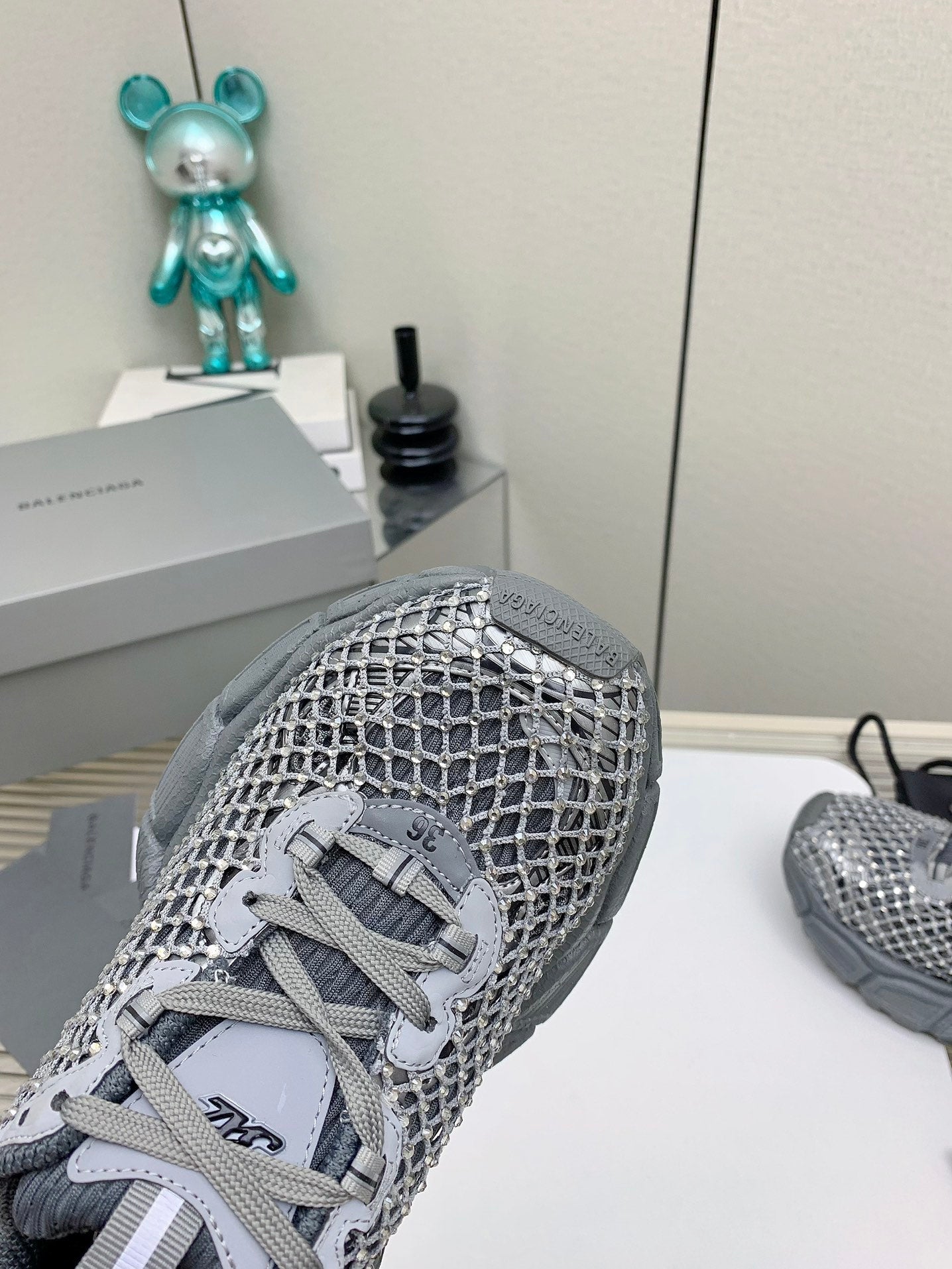 Balanciaga XL FISHNET SNEAKER IN GRAY MESH, POLYURETHANE, POLYESTER WITH RHINESTONES