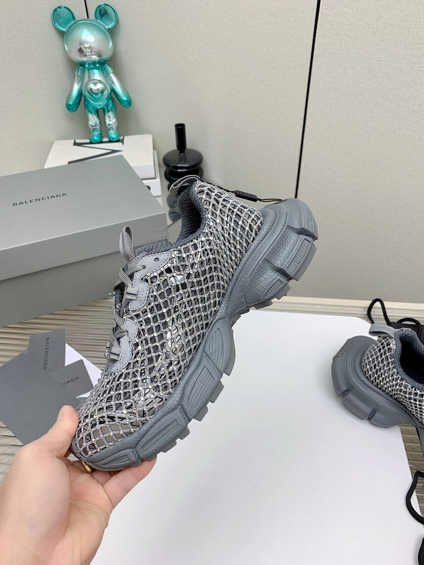 Balanciaga XL FISHNET SNEAKER IN GRAY MESH, POLYURETHANE, POLYESTER WITH RHINESTONES